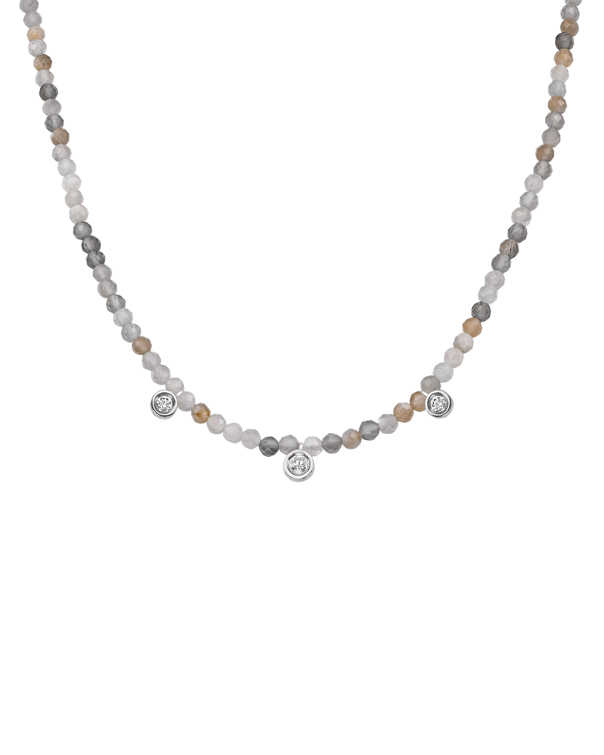Emerald Gemstone & Three diamonds Necklace - 14K White Gold