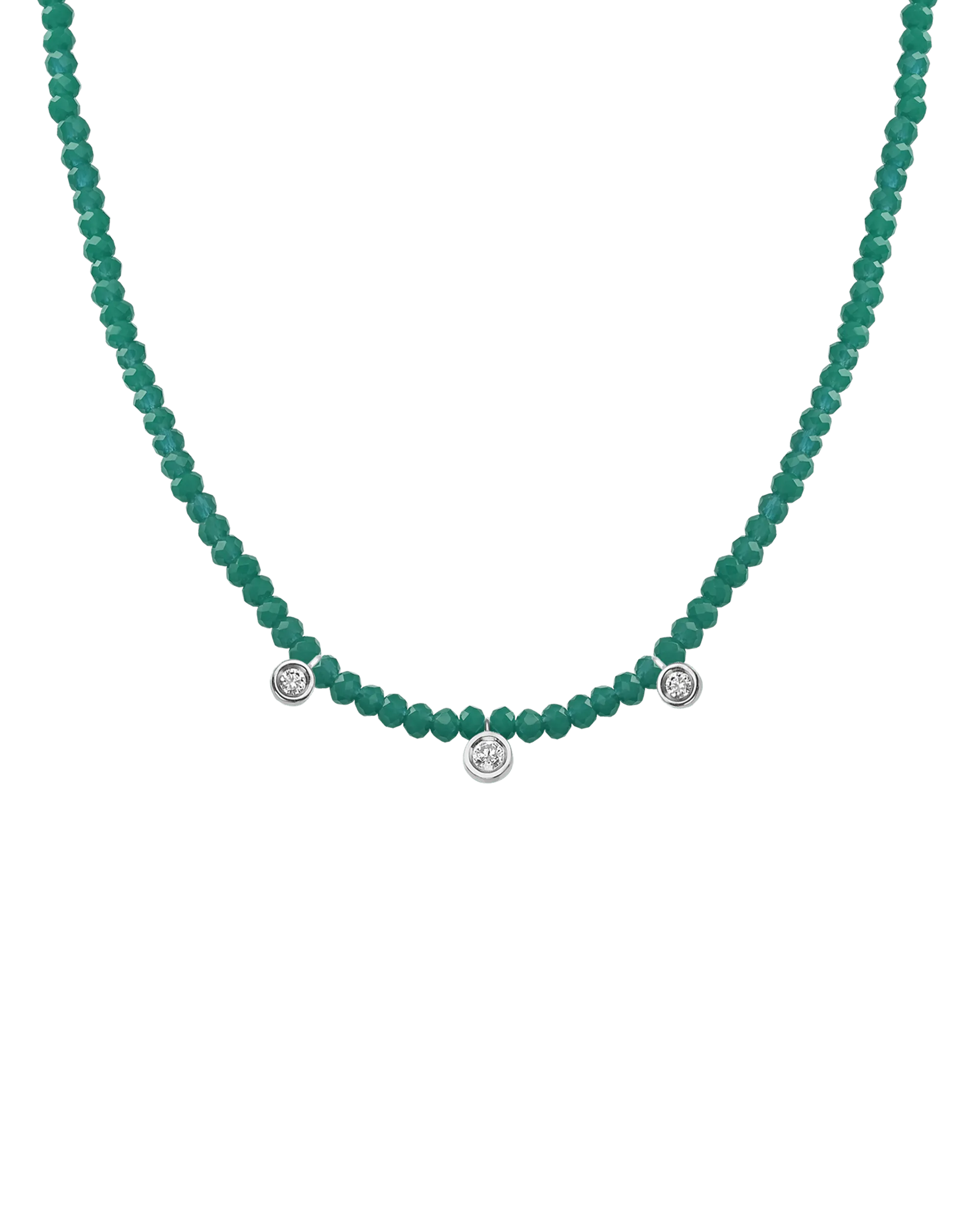 Emerald Gemstone & Three diamonds Necklace - 14K White Gold