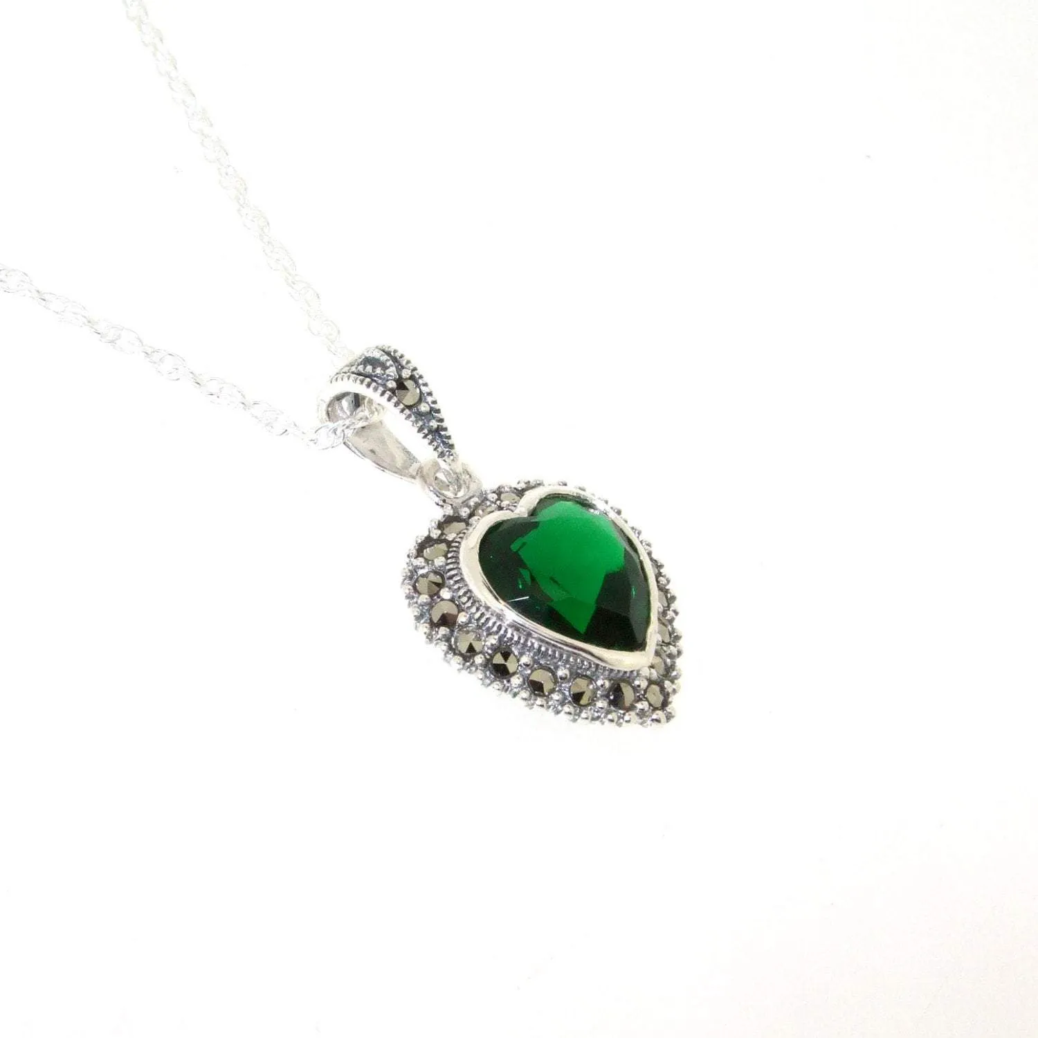 Emerald Green Heart Pendant Necklace Silver Marcasite on chain