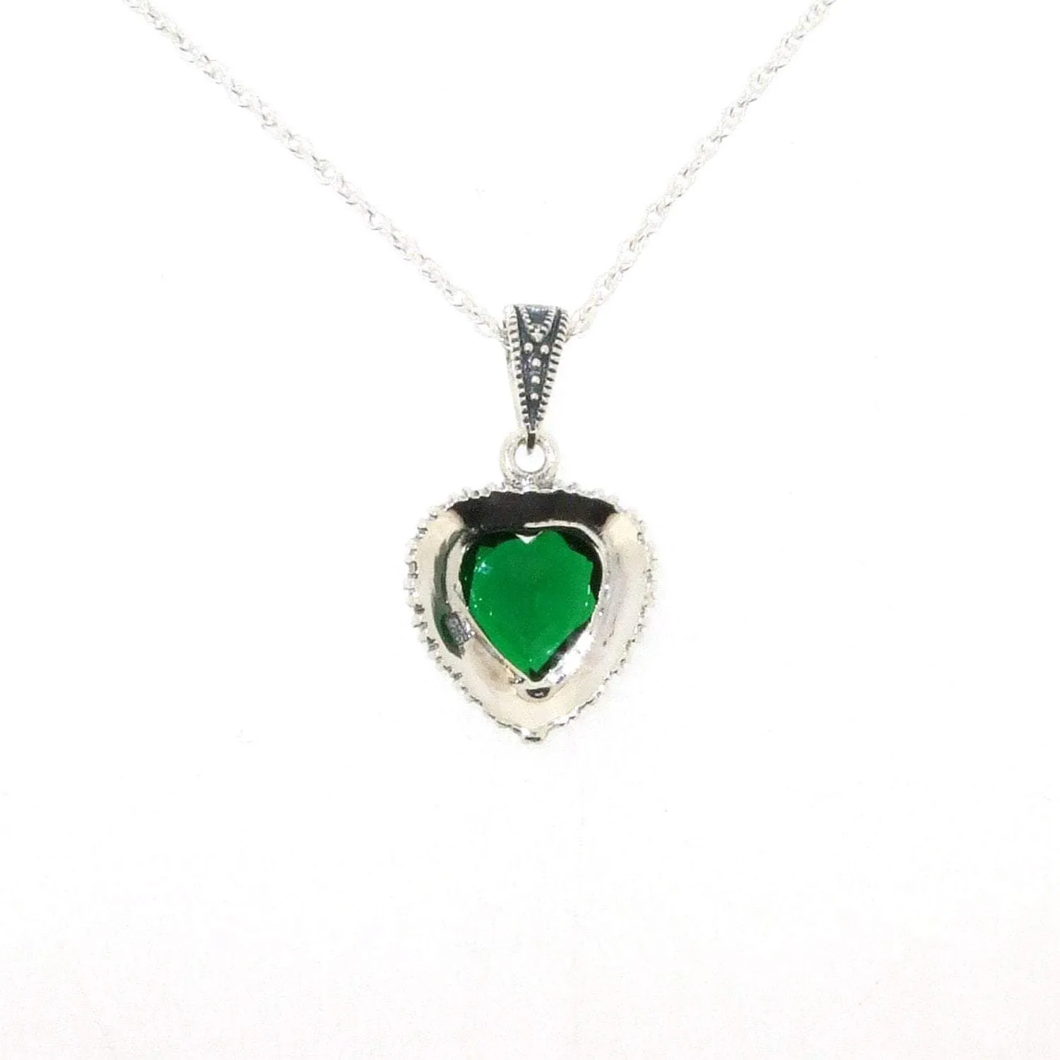 Emerald Green Heart Pendant Necklace Silver Marcasite on chain