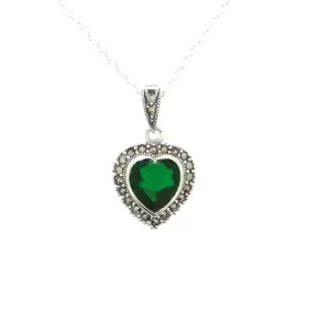 Emerald Green Heart Pendant Necklace Silver Marcasite on chain