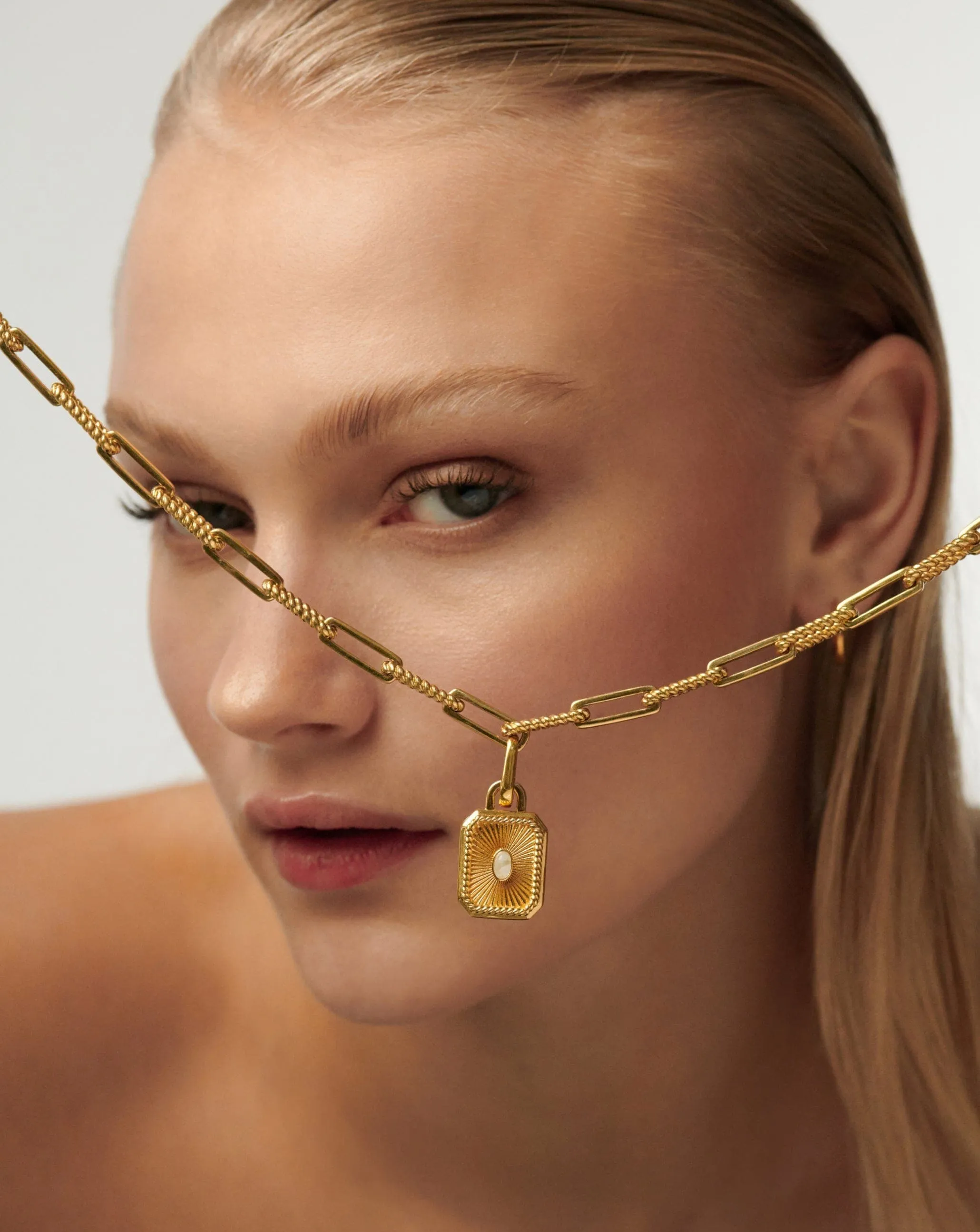 Engravable Square Locket Chain Necklace | 18k Gold Plated/Rainbow Moonstone