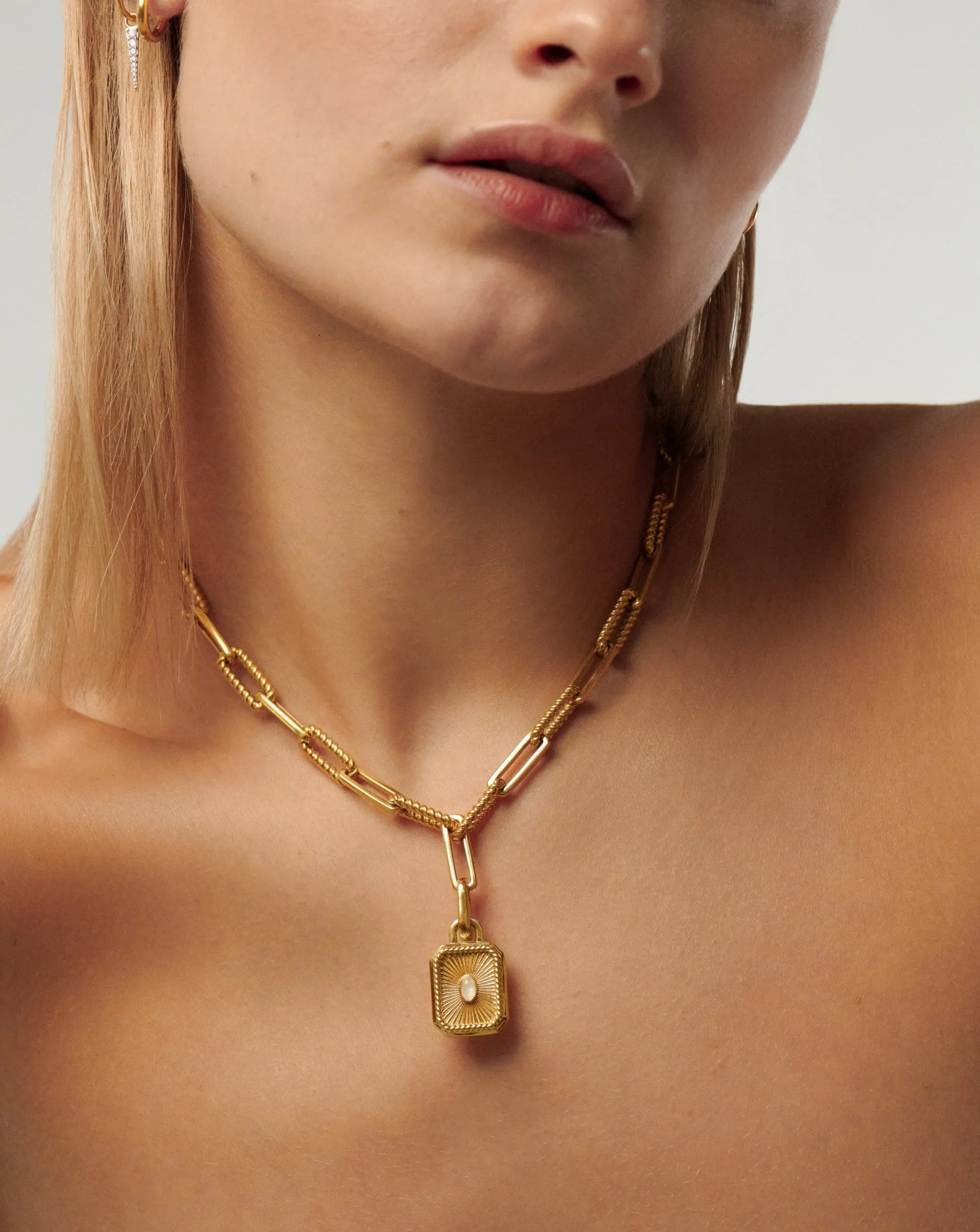 Engravable Square Locket Chain Necklace | 18k Gold Plated/Rainbow Moonstone