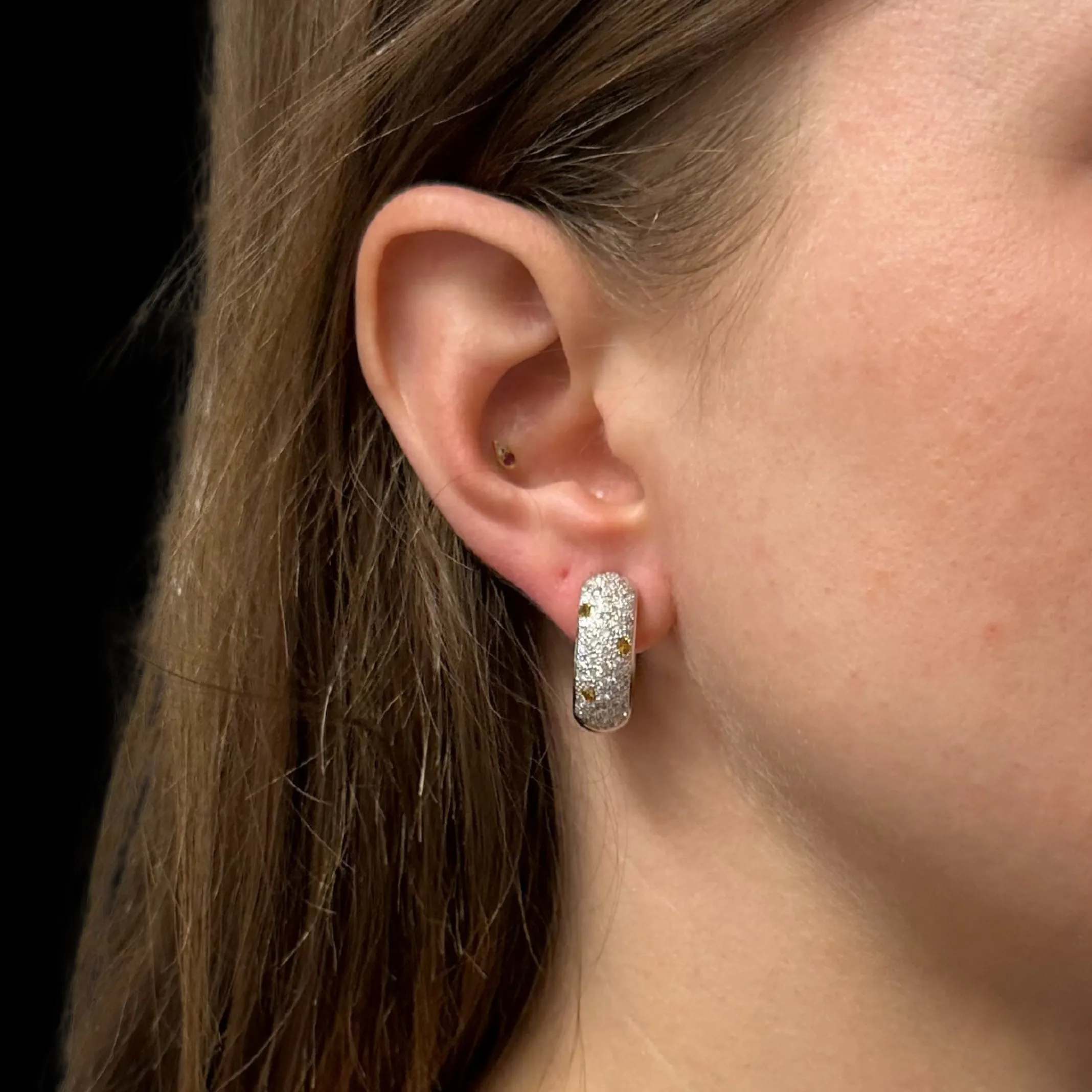Estate Yellow and White Diamond 18k Gold Round Huggy Earrings