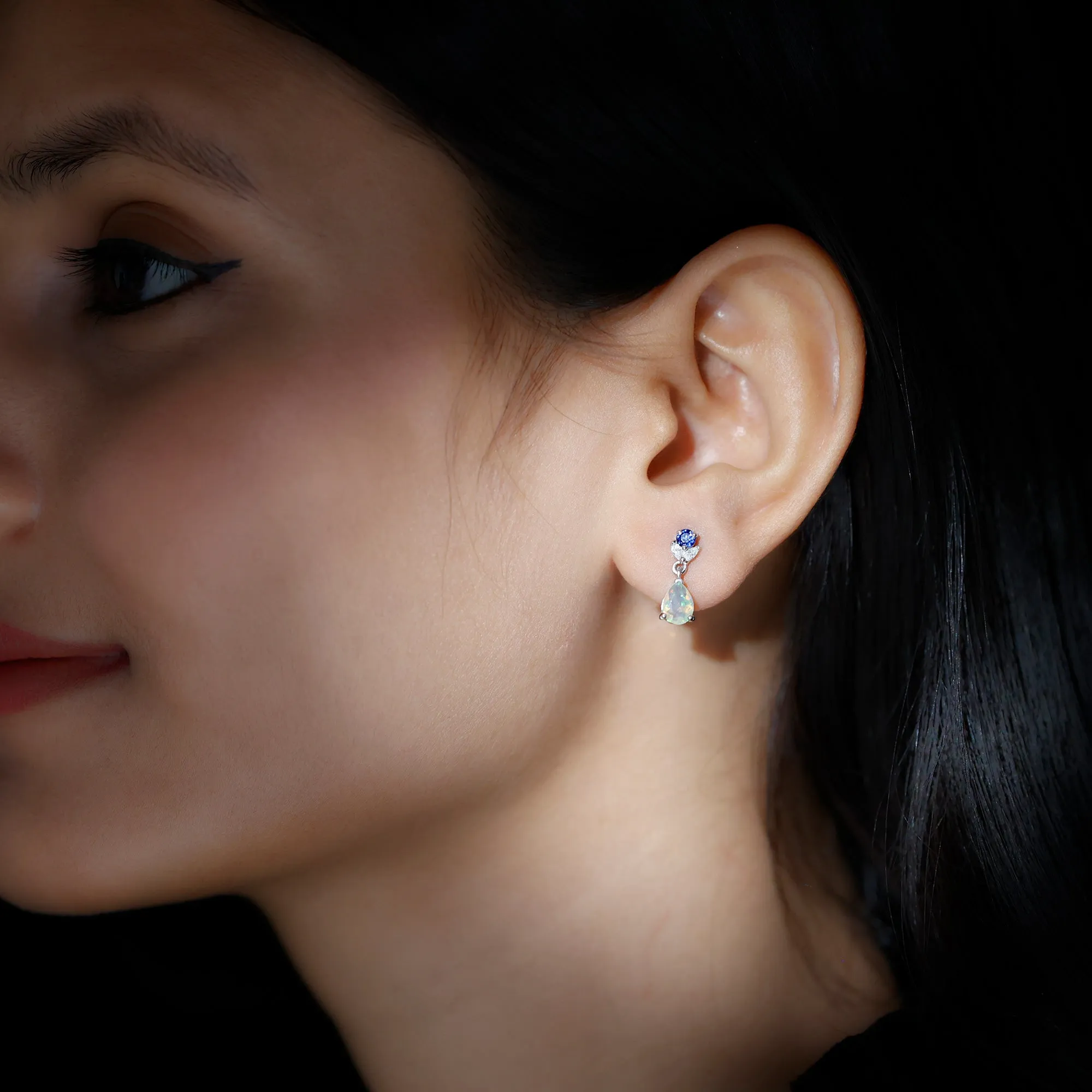 Ethiopian Opal and Created Blue Sapphire Dangle Earrings with Moissanite