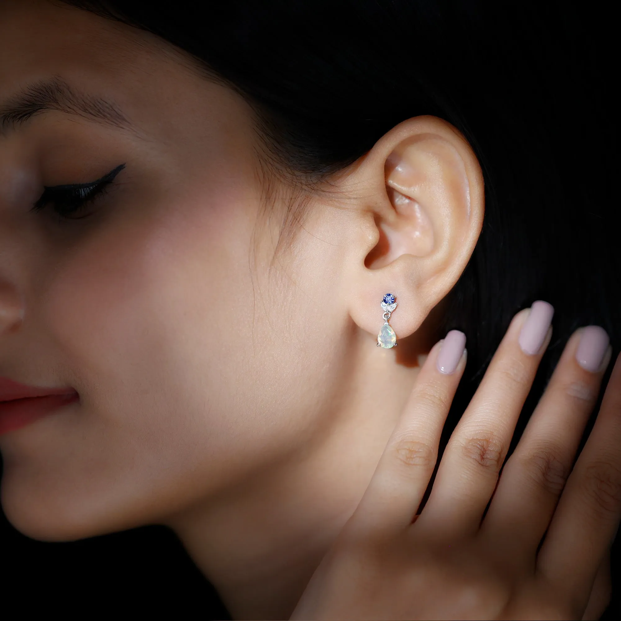 Ethiopian Opal and Created Blue Sapphire Dangle Earrings with Moissanite