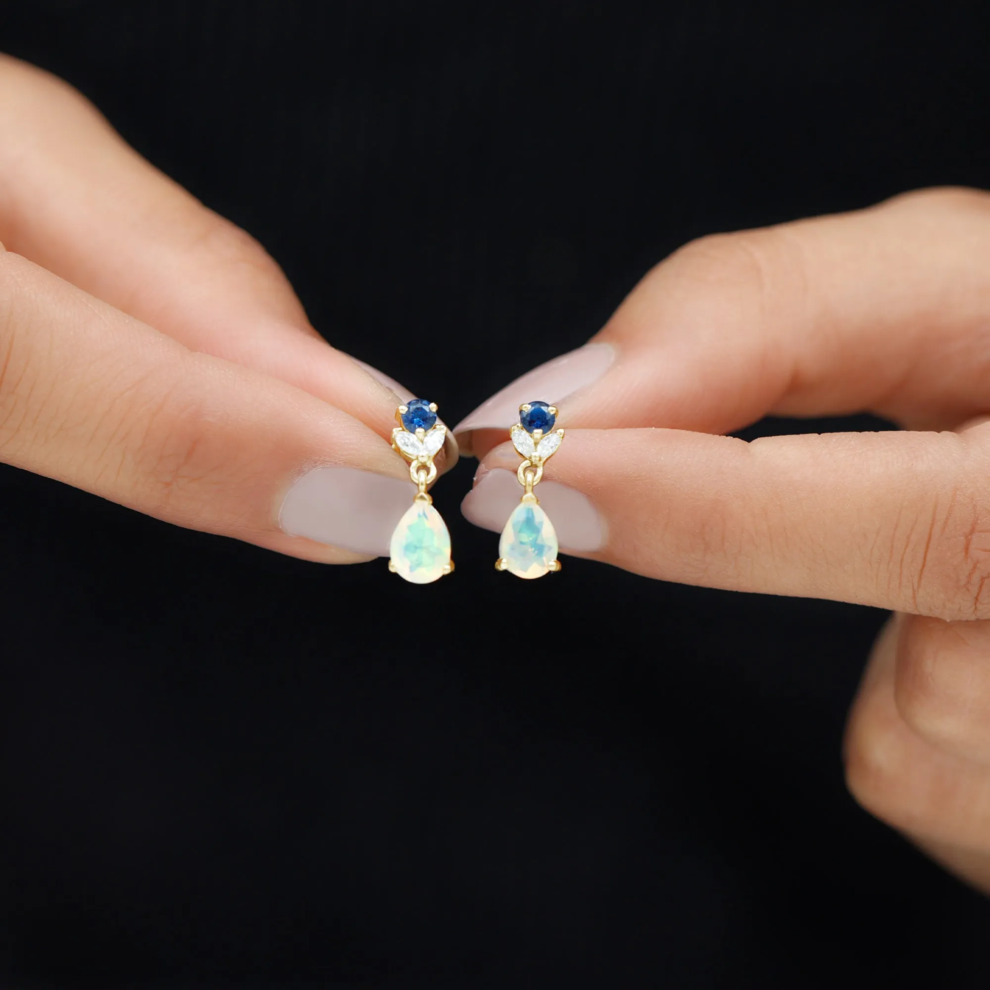 Ethiopian Opal and Created Blue Sapphire Dangle Earrings with Moissanite