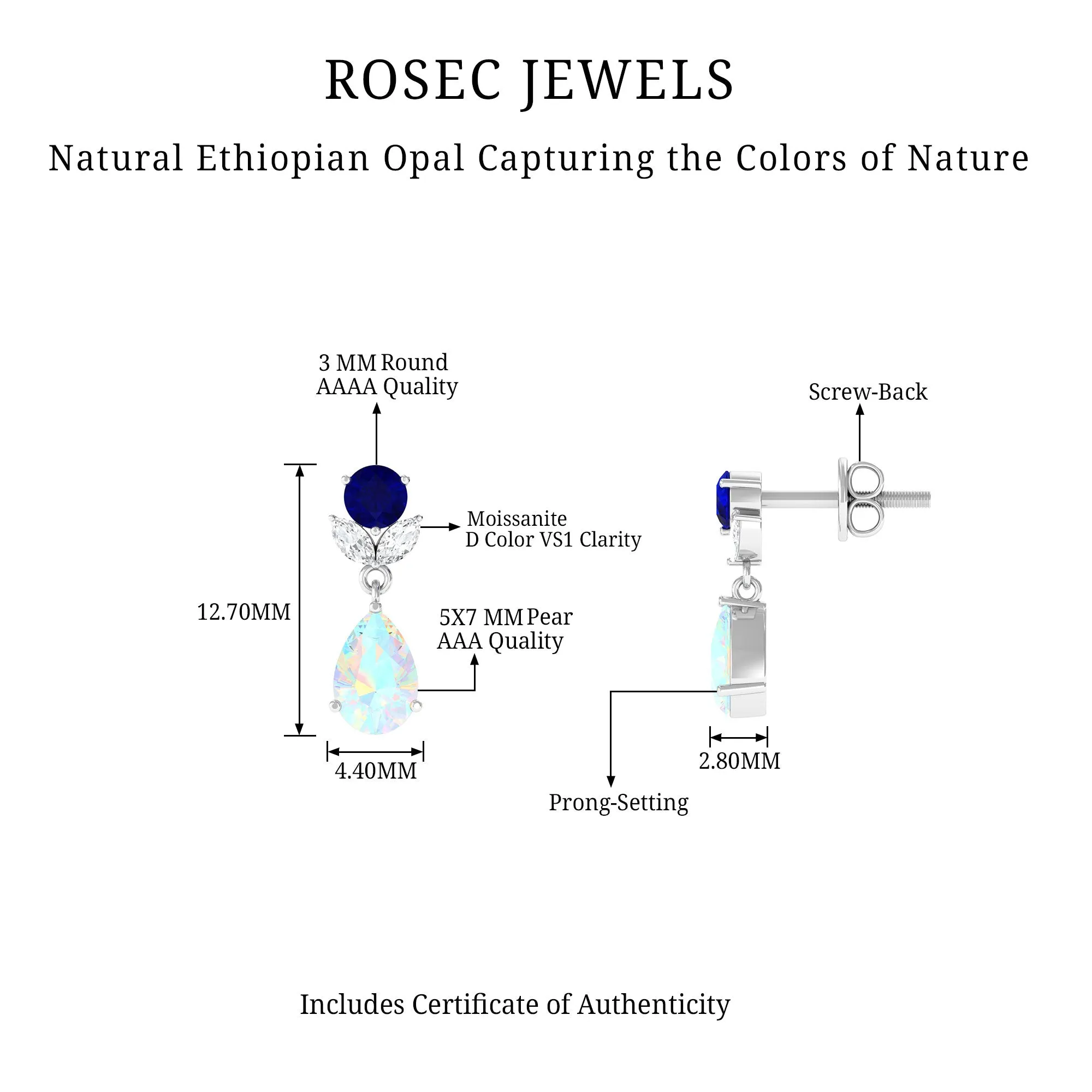 Ethiopian Opal and Created Blue Sapphire Dangle Earrings with Moissanite