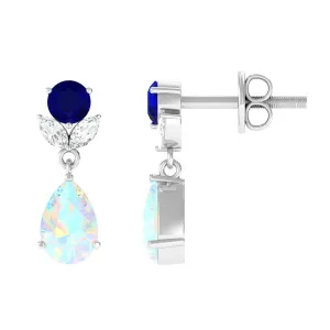 Ethiopian Opal and Created Blue Sapphire Dangle Earrings with Moissanite