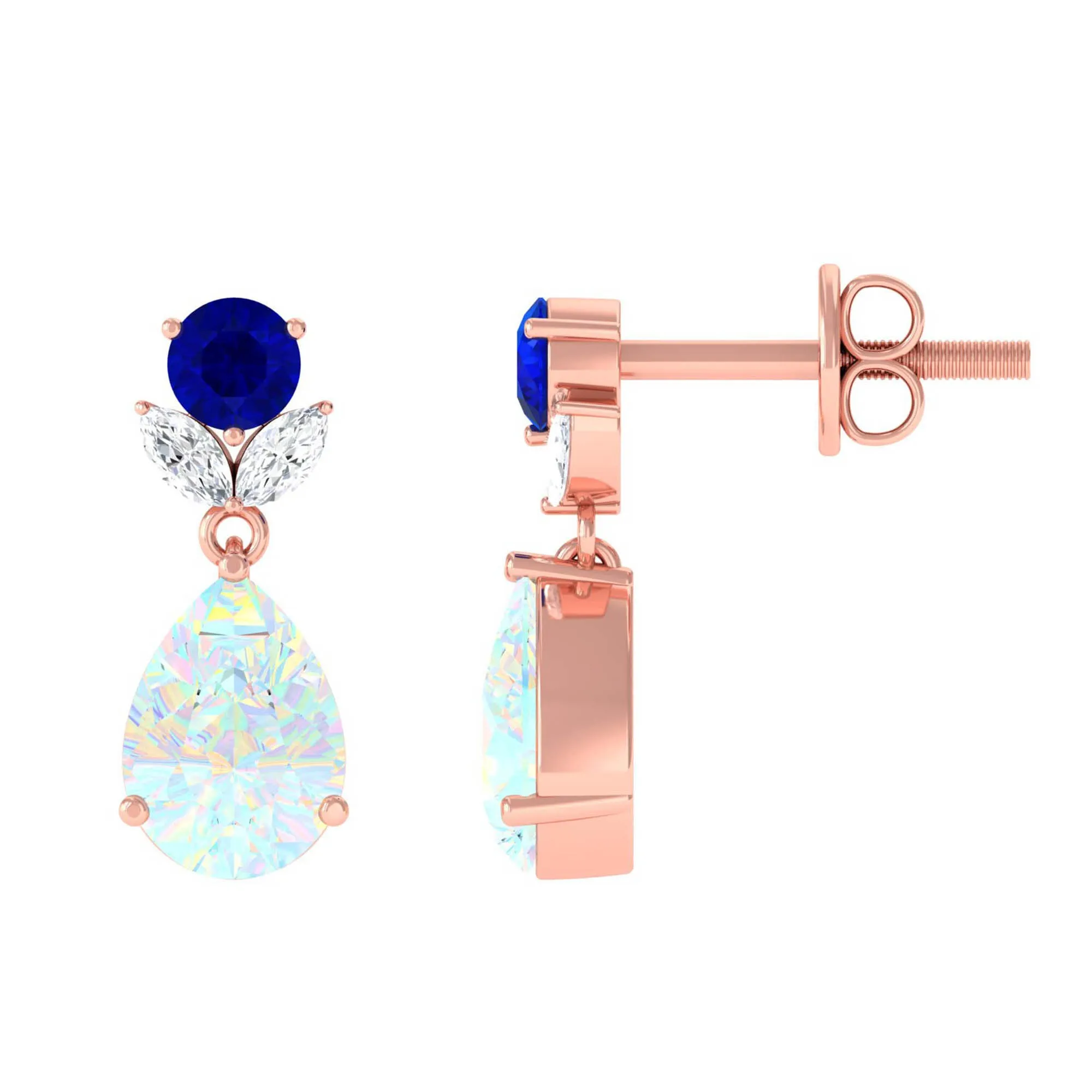 Ethiopian Opal and Created Blue Sapphire Dangle Earrings with Moissanite