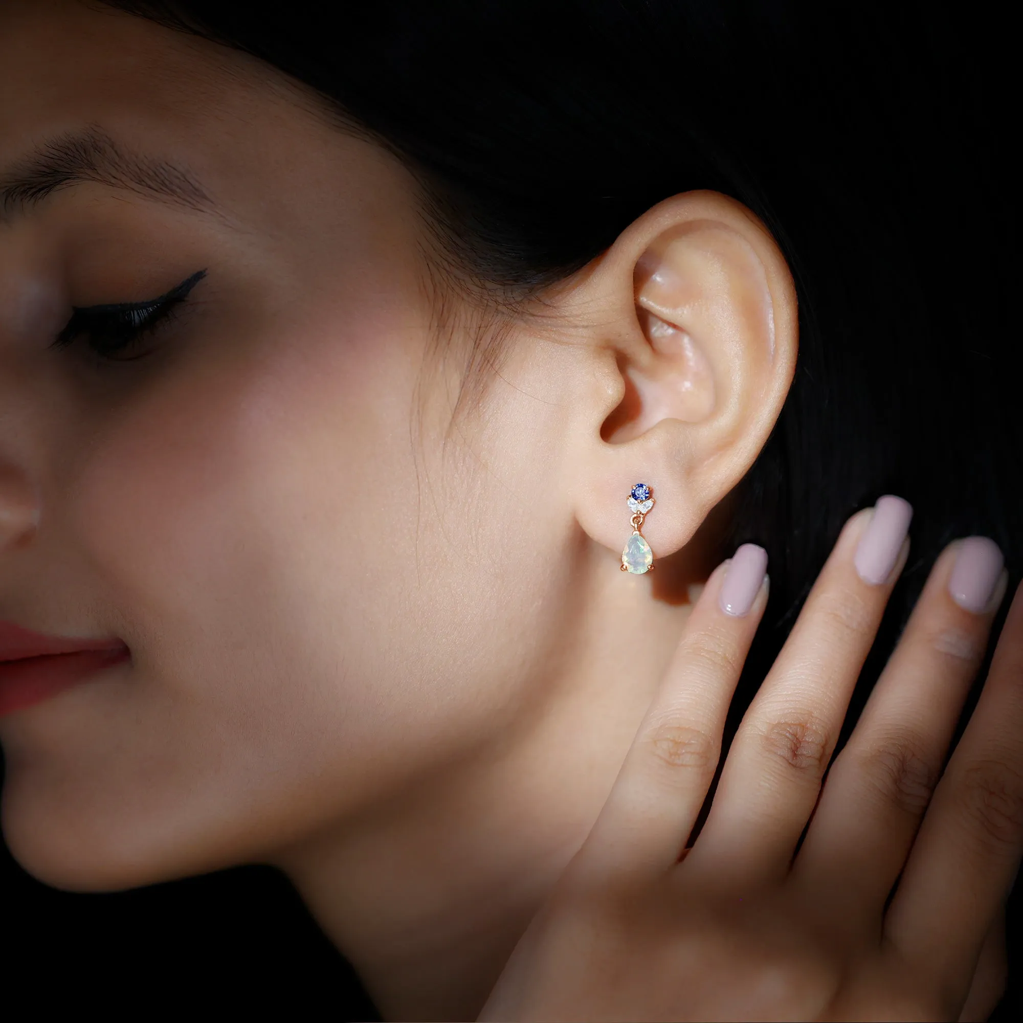 Ethiopian Opal and Created Blue Sapphire Dangle Earrings with Moissanite