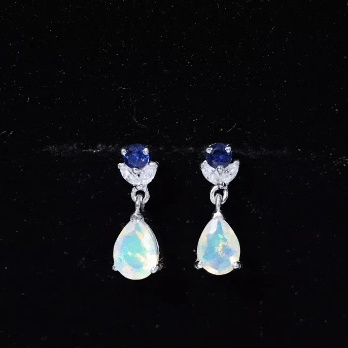 Ethiopian Opal and Created Blue Sapphire Dangle Earrings with Moissanite