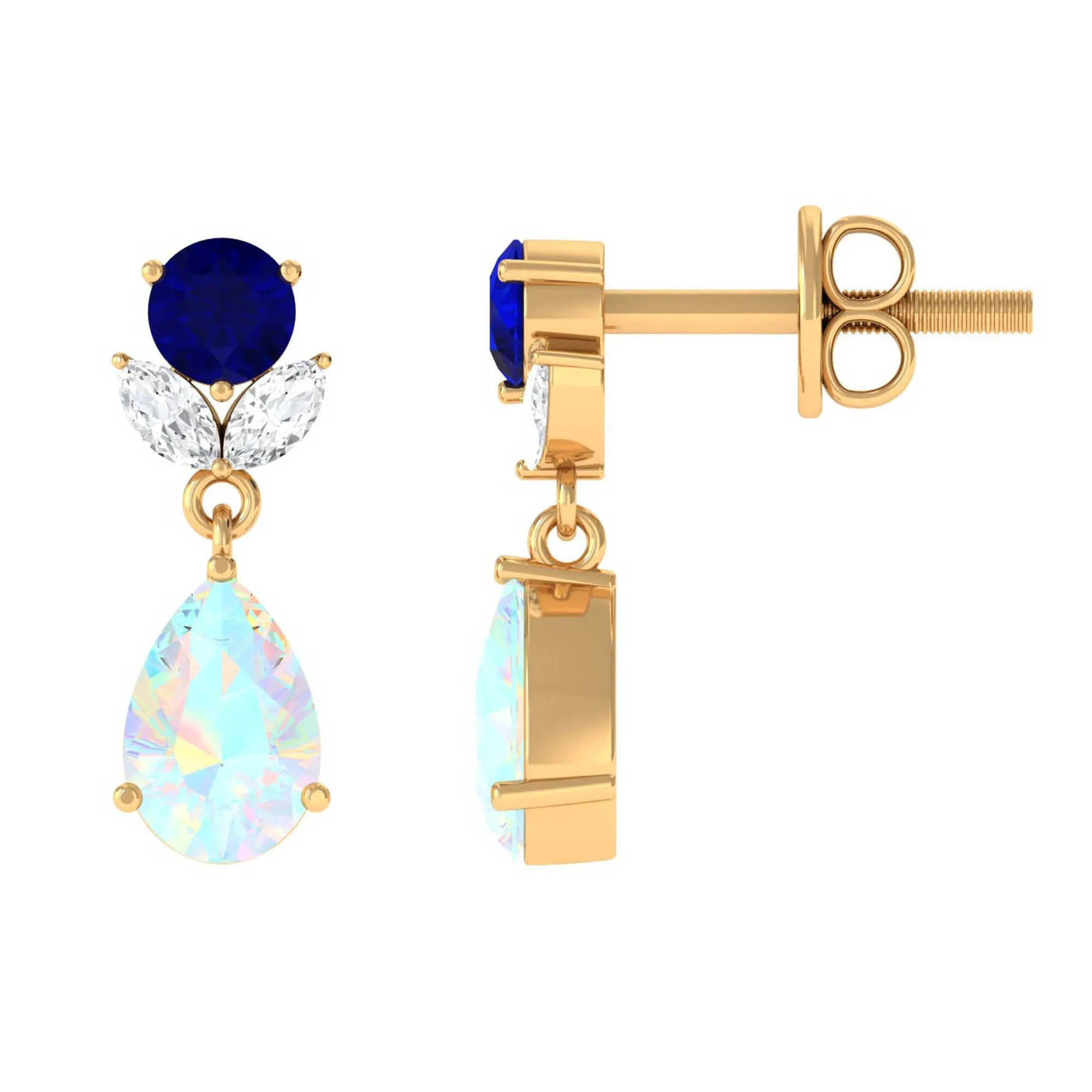 Ethiopian Opal and Created Blue Sapphire Dangle Earrings with Moissanite