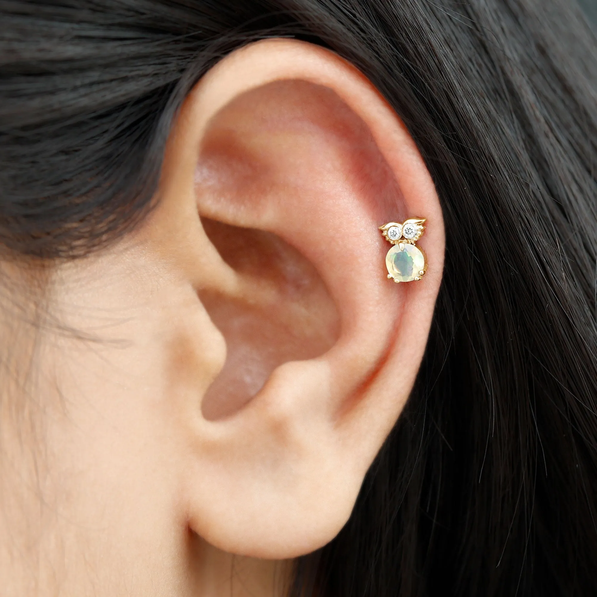Ethiopian Opal and Diamond Owl Cartilage Earring in Gold