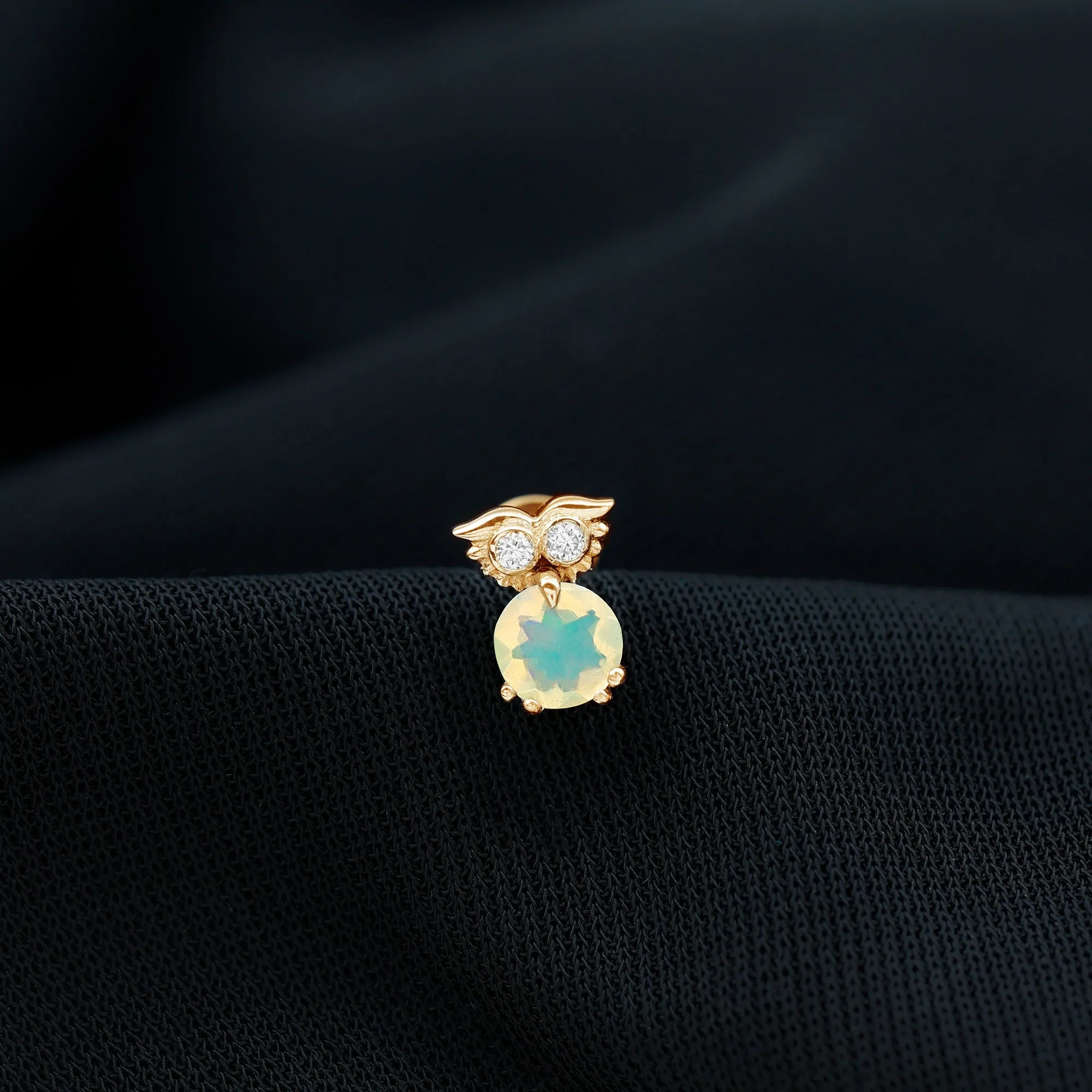 Ethiopian Opal and Diamond Owl Cartilage Earring in Gold
