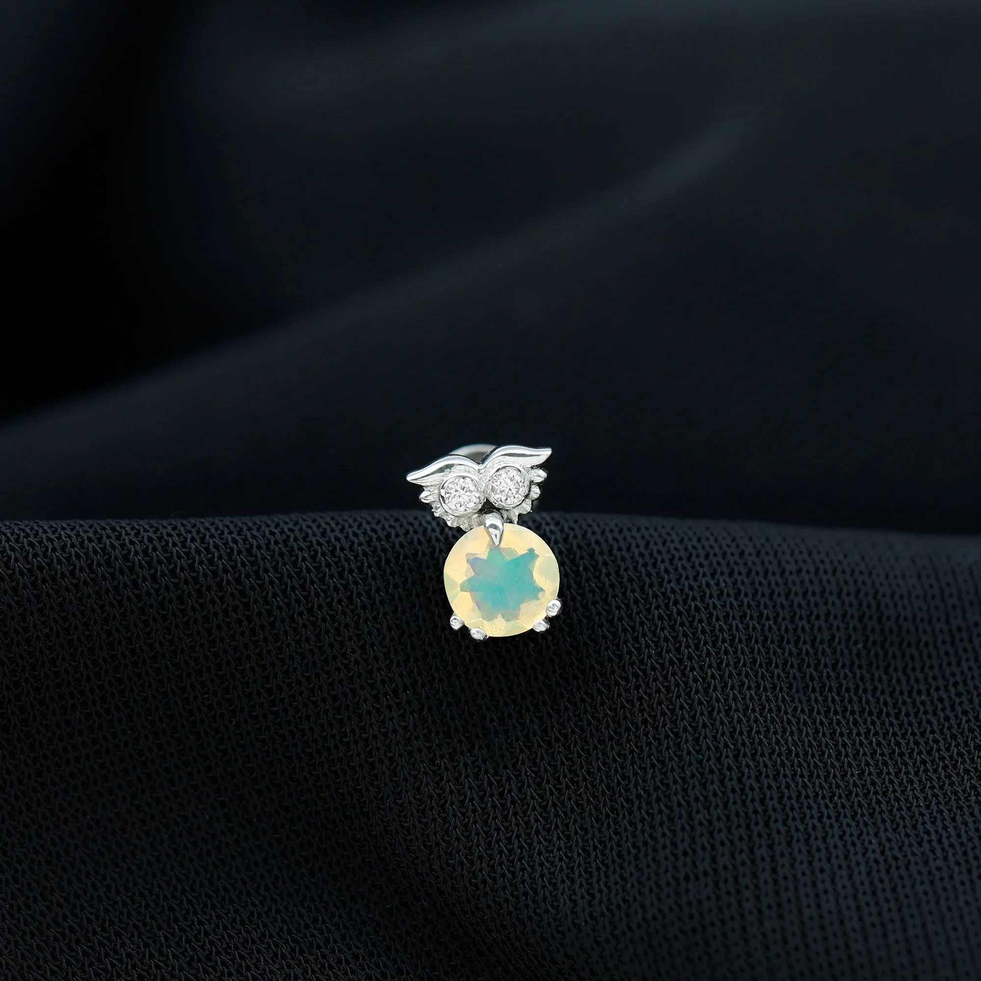 Ethiopian Opal and Diamond Owl Cartilage Earring in Gold