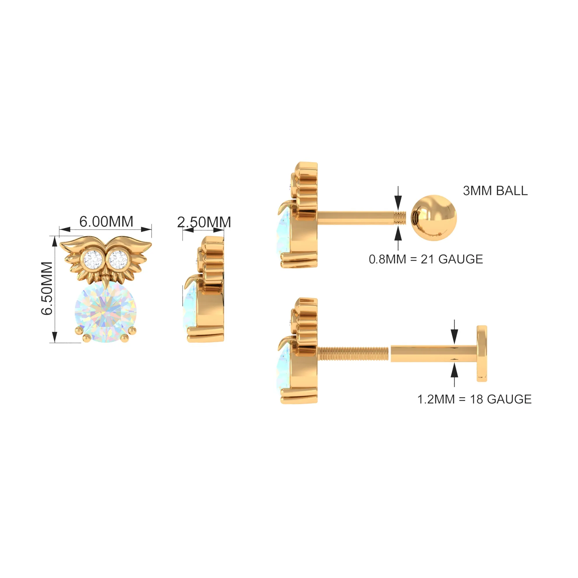 Ethiopian Opal and Diamond Owl Cartilage Earring in Gold