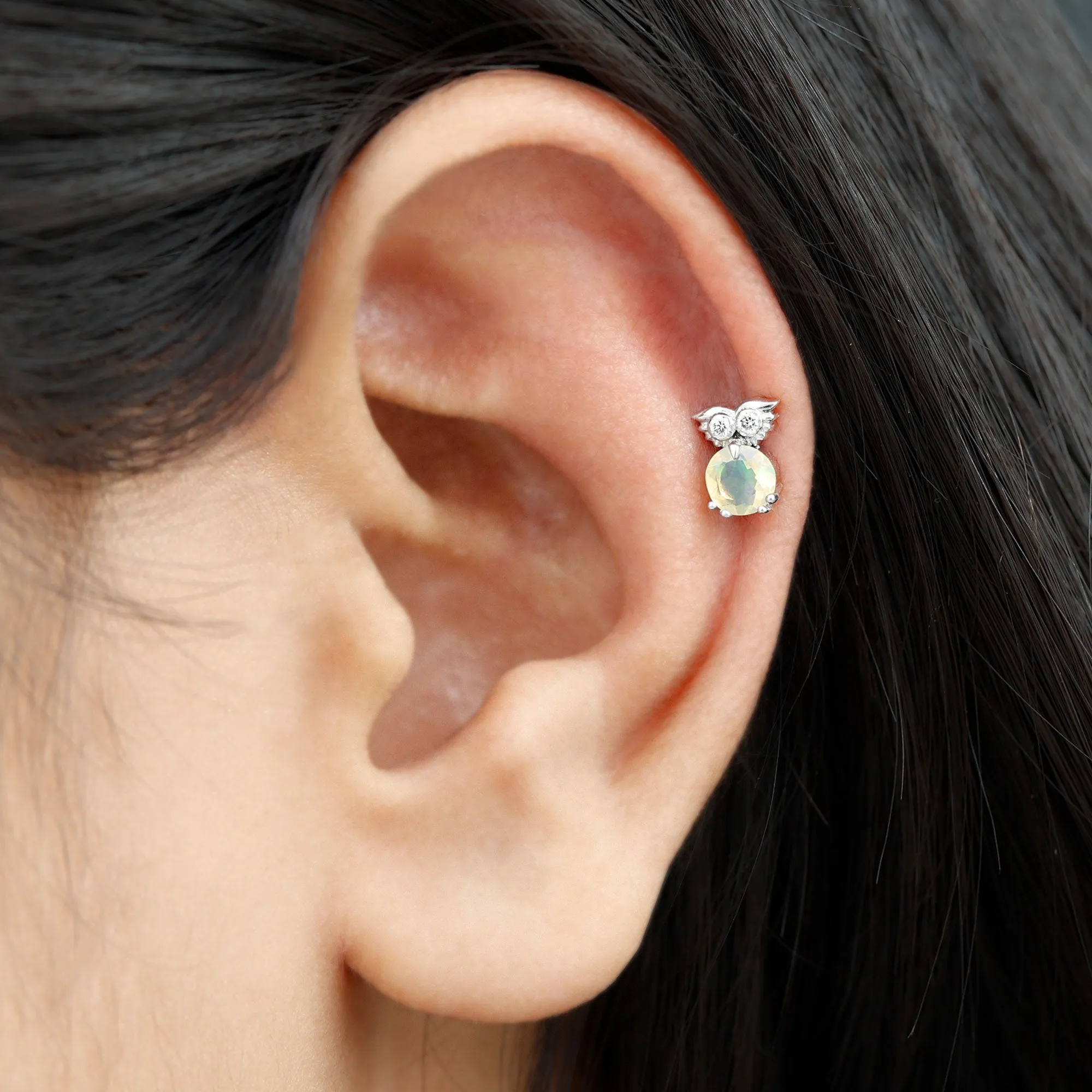 Ethiopian Opal and Diamond Owl Cartilage Earring in Gold