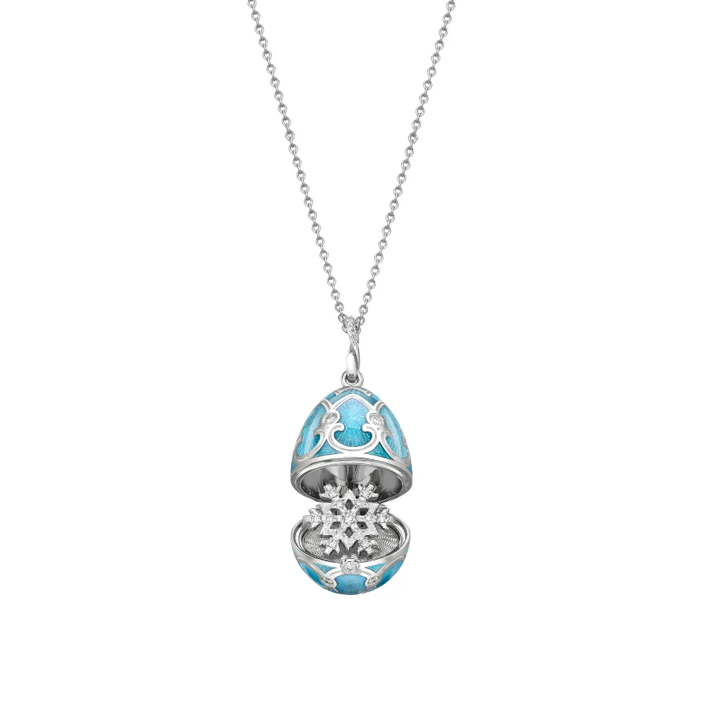 Fabergé Heritage White Gold Diamond & Teal Guilloché Enamel Snowflake Surprise Locket