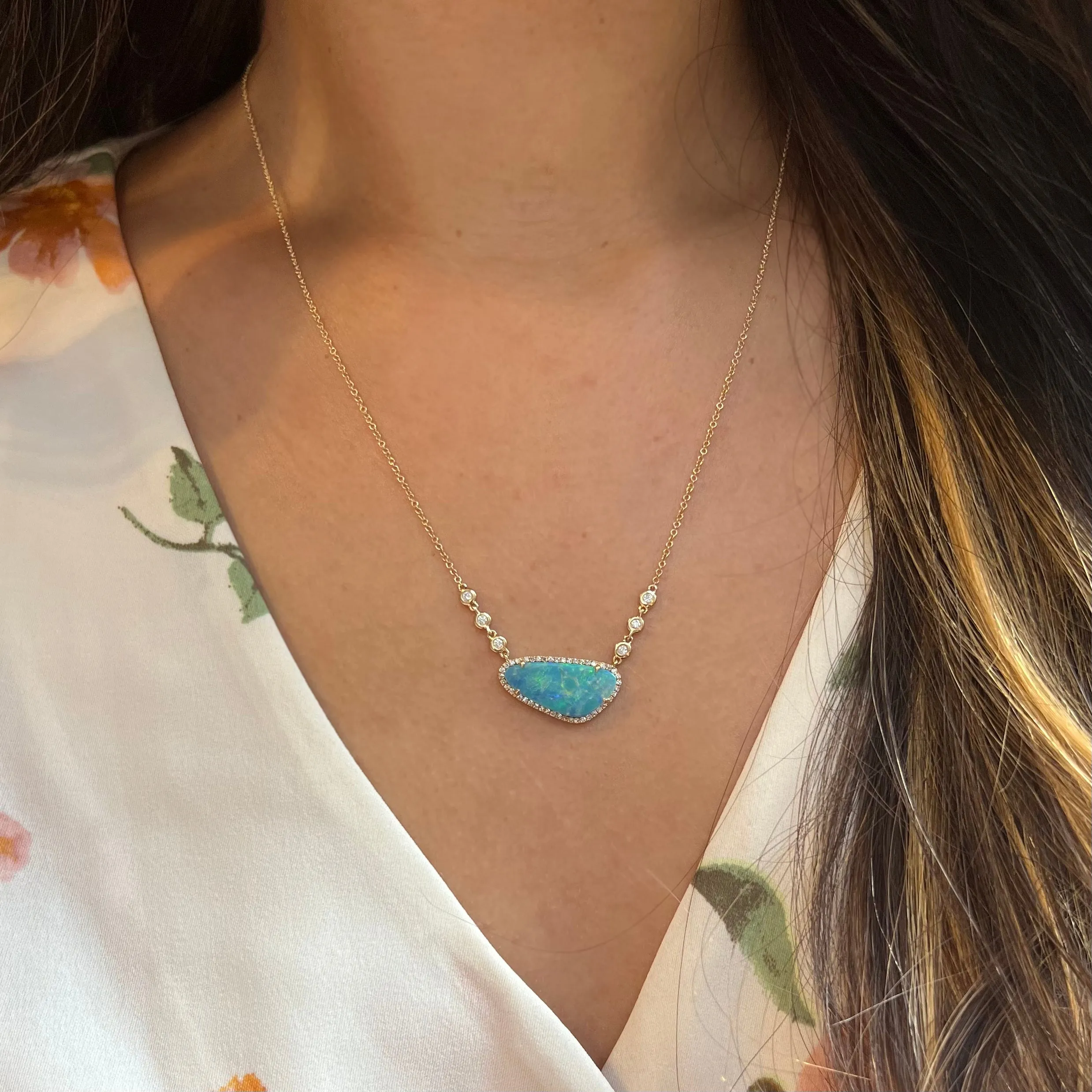 Fire Boulder Opal Necklace With In-Line Diamonds - Large