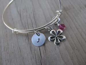 Flower Charm Bracelet- Adjustable Bangle Bracelet with Initial Charm and An Accent Bead of your choice