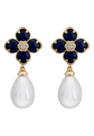 Flower Clover Pearl Drop Earrings Lapis Lazuli Gold