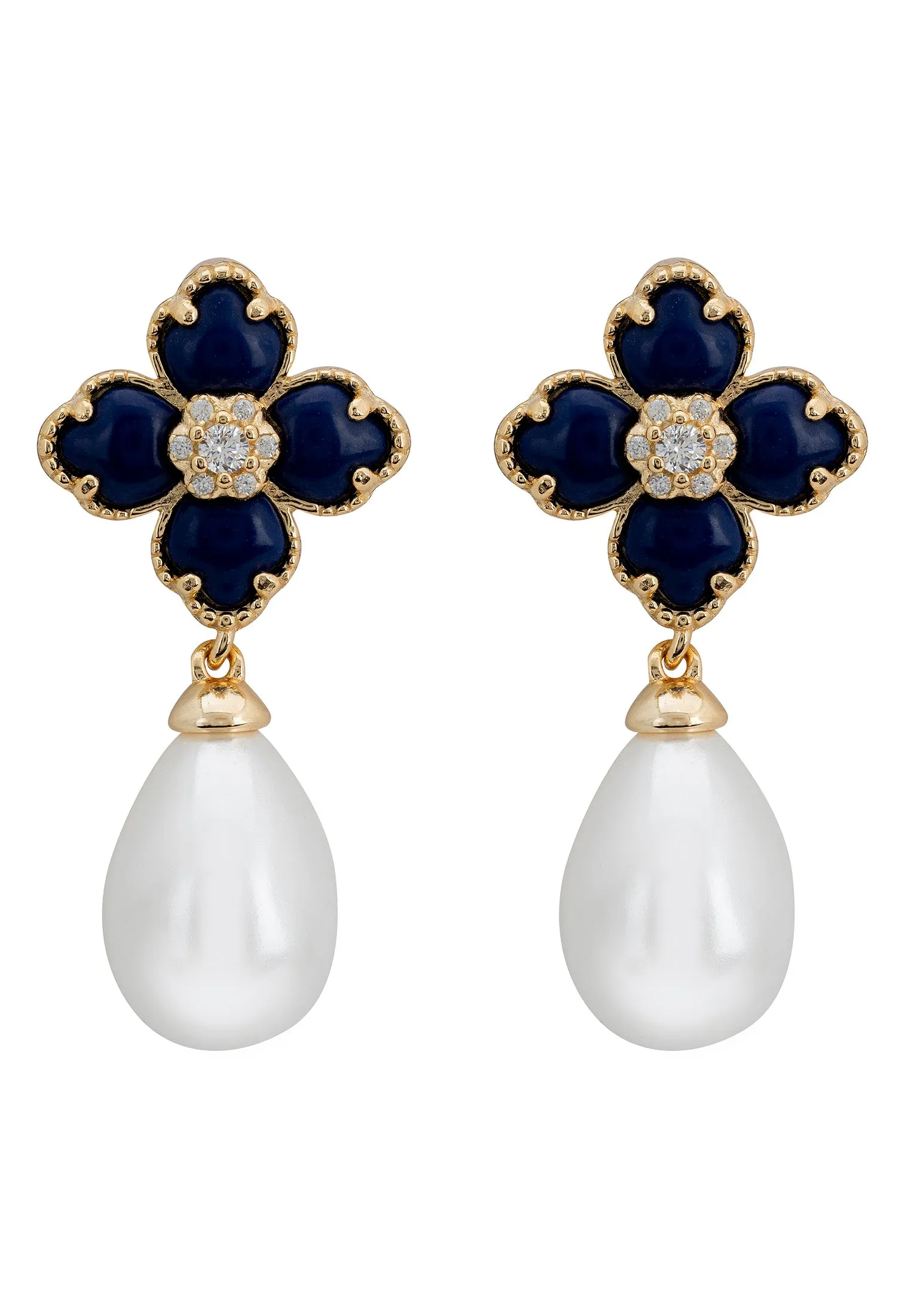 Flower Clover Pearl Drop Earrings Lapis Lazuli Gold