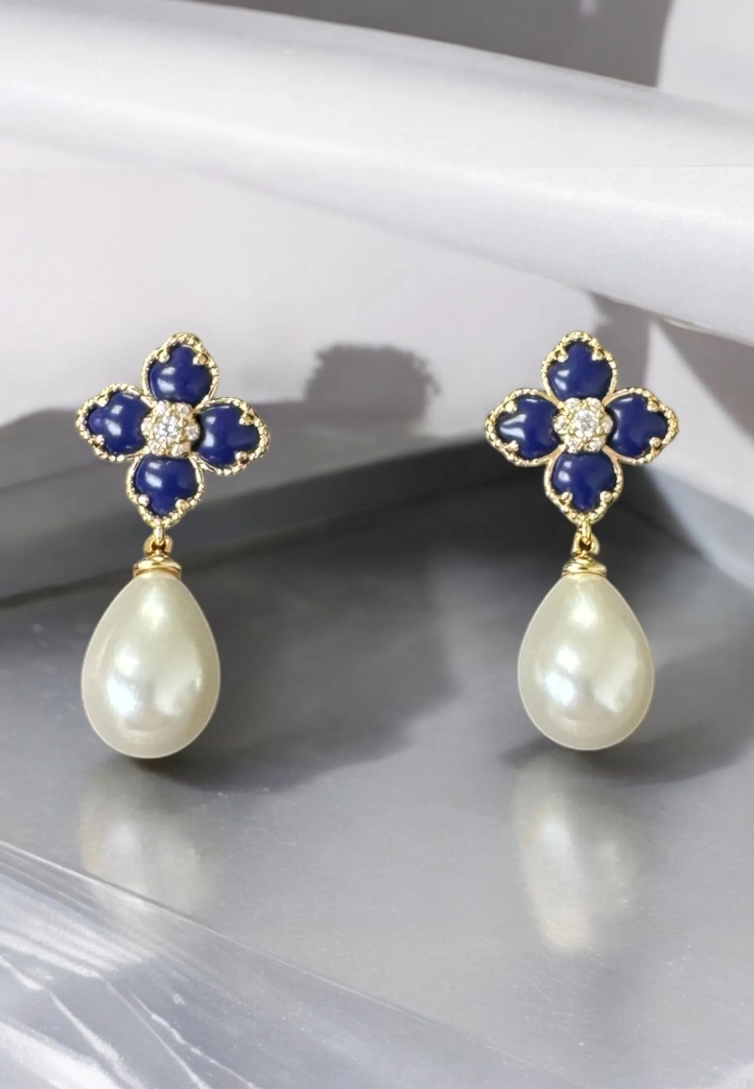 Flower Clover Pearl Drop Earrings Lapis Lazuli Gold