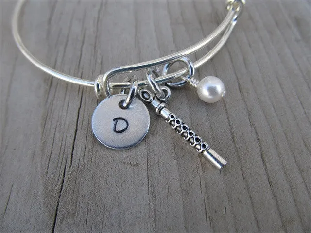 Flute Charm Bracelet -Adjustable Bangle Bracelet with an Initial Charm and Accent Bead of your choice
