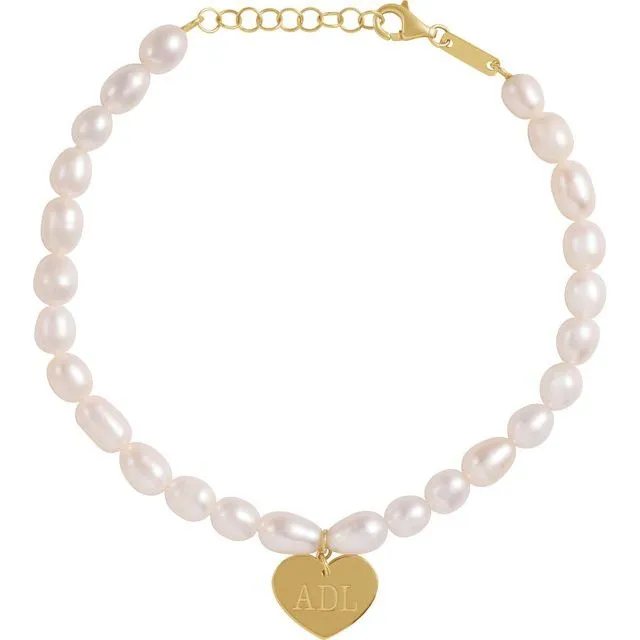 Freshwater Pearl & 14K Yellow Gold Heart Charm Bracelet
