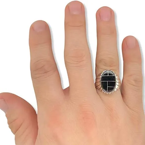 Genuine Black Onyx Inlay Ring, Size 11.5, Sterling Silver, Authentic Navajo Native American USA Handmade, Nickel Free, Southwest Jewelry for Men