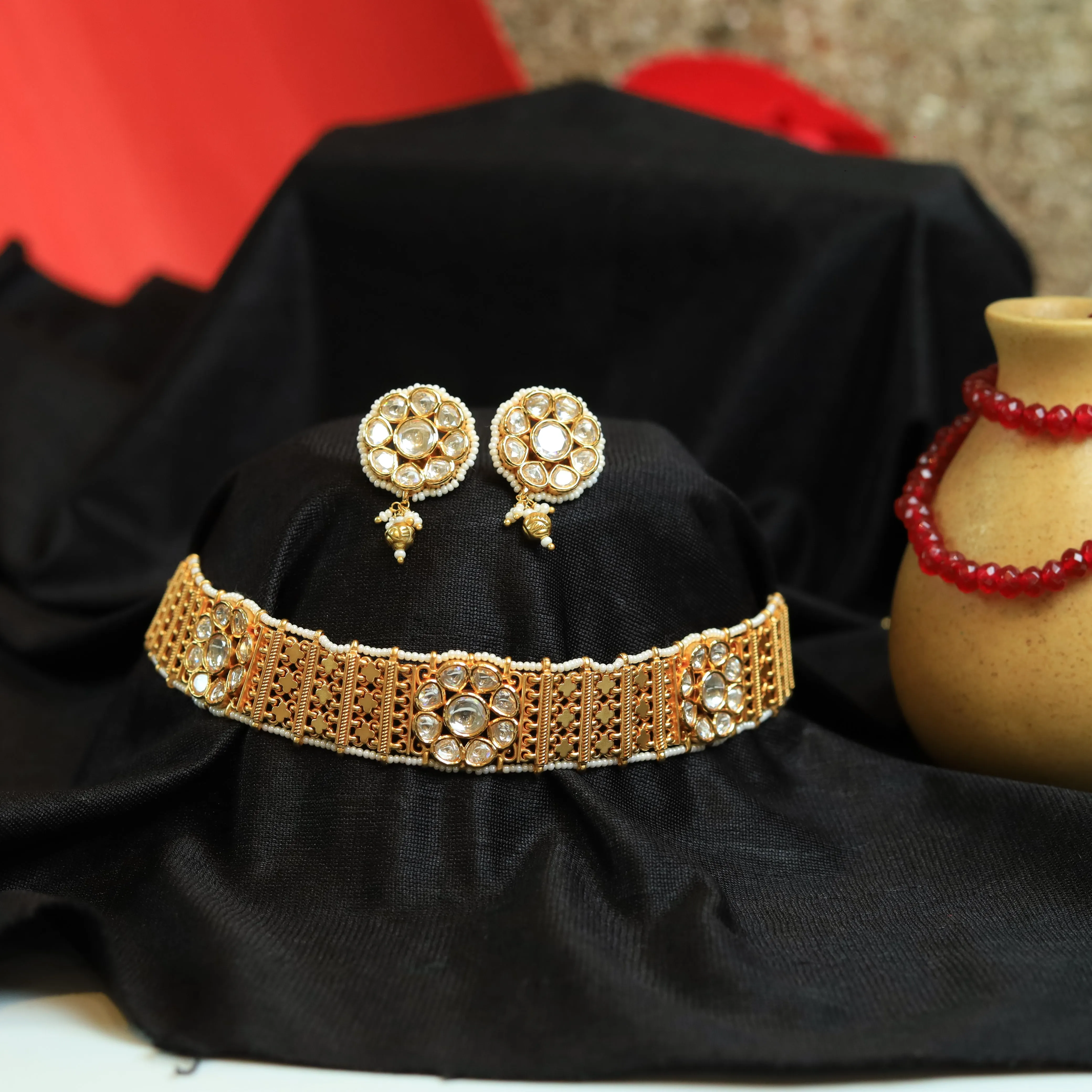 Gold Kundan Necklace Set 12640-9160