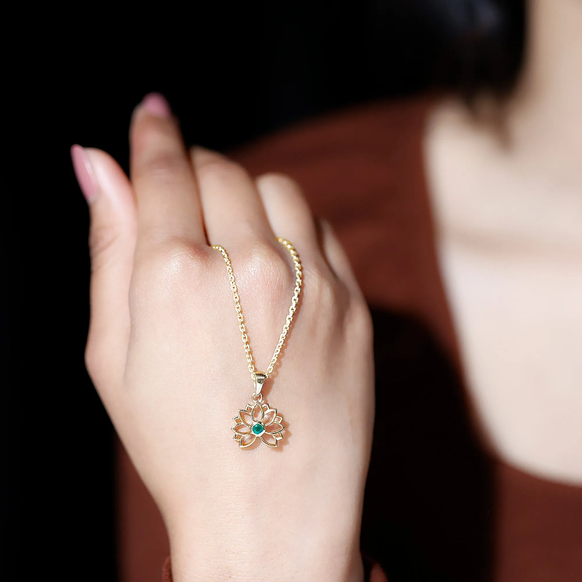 Gold Lotus Solitaire Emerald Pendant Necklace For Women