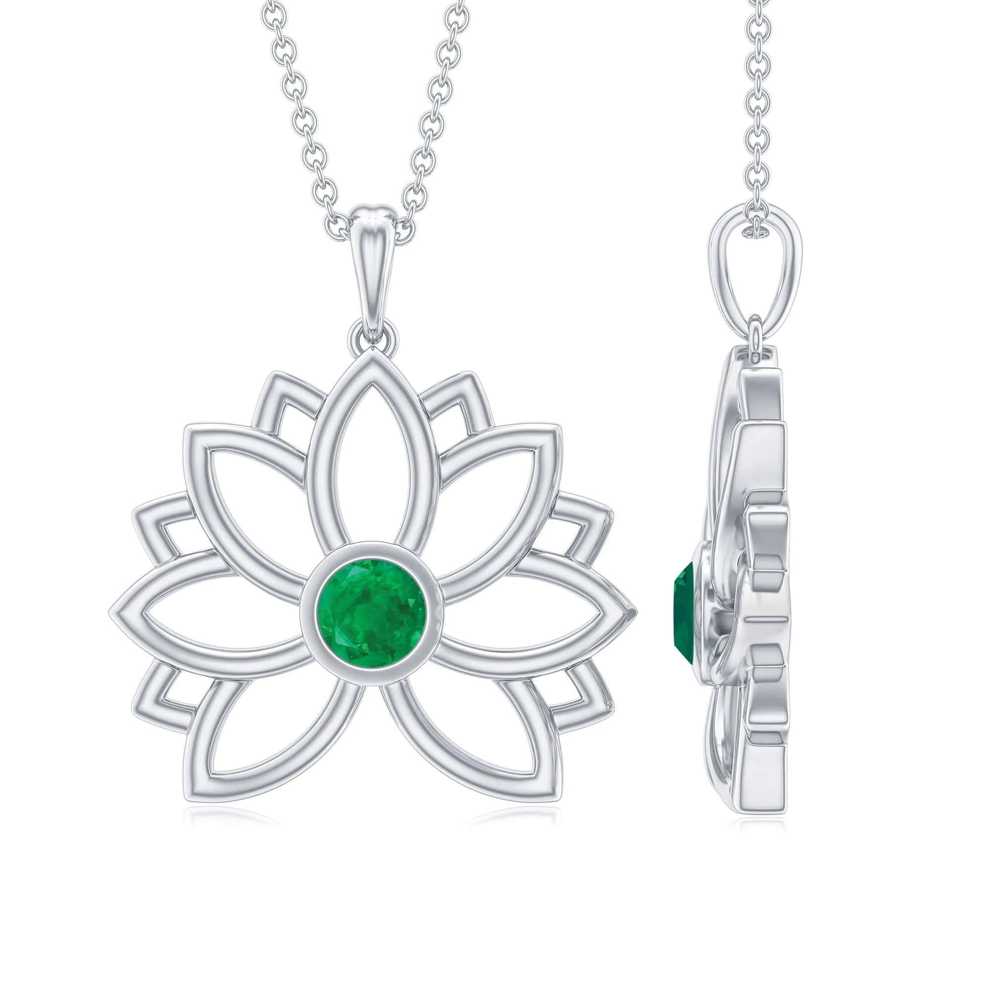 Gold Lotus Solitaire Emerald Pendant Necklace For Women