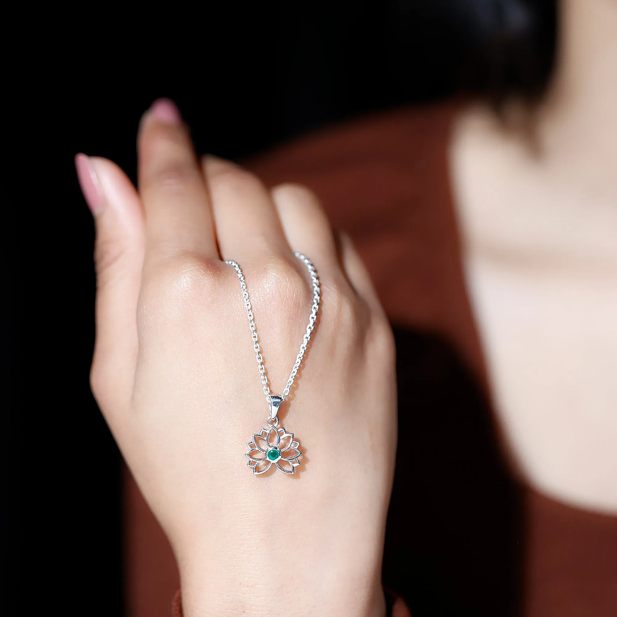 Gold Lotus Solitaire Emerald Pendant Necklace For Women