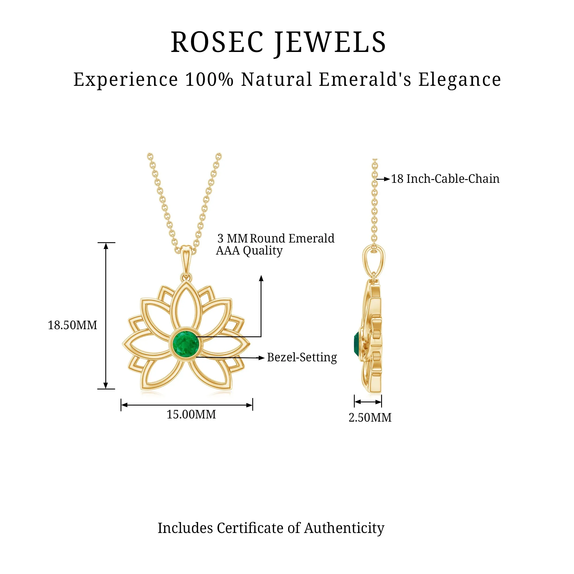 Gold Lotus Solitaire Emerald Pendant Necklace For Women