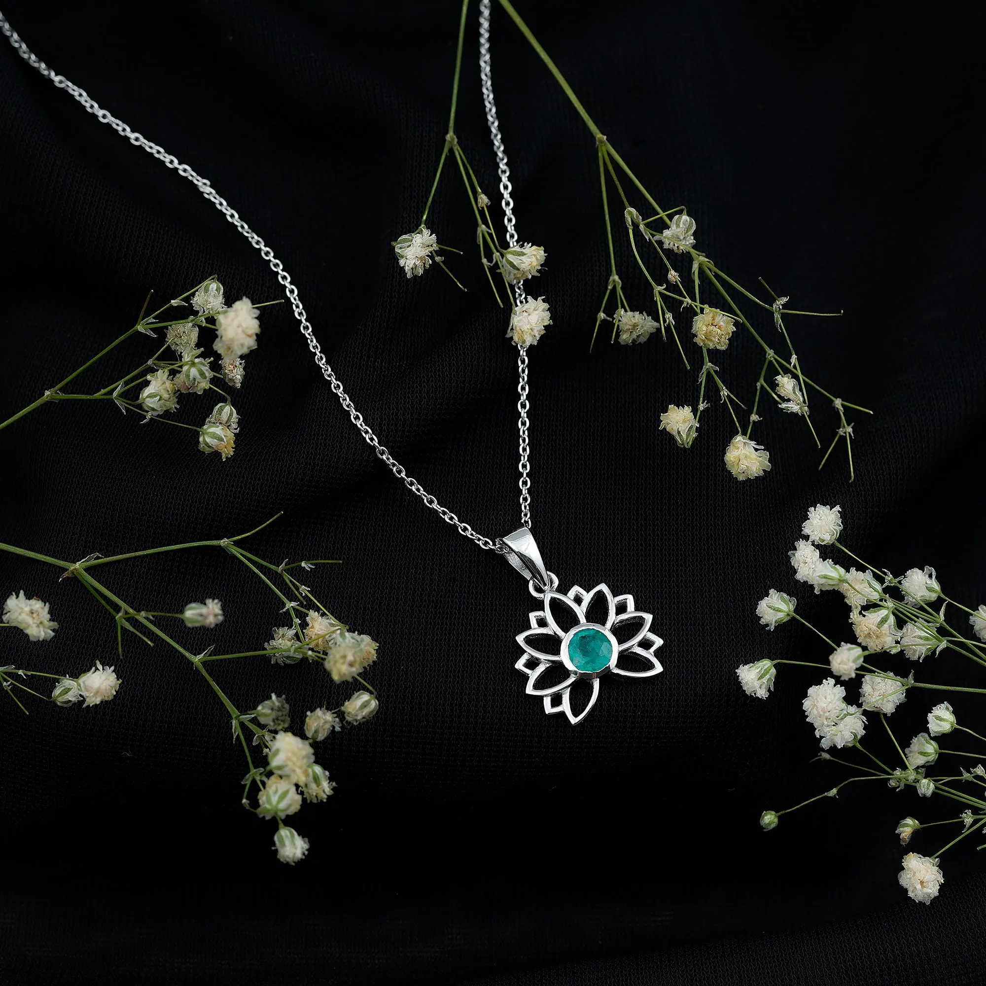 Gold Lotus Solitaire Emerald Pendant Necklace For Women
