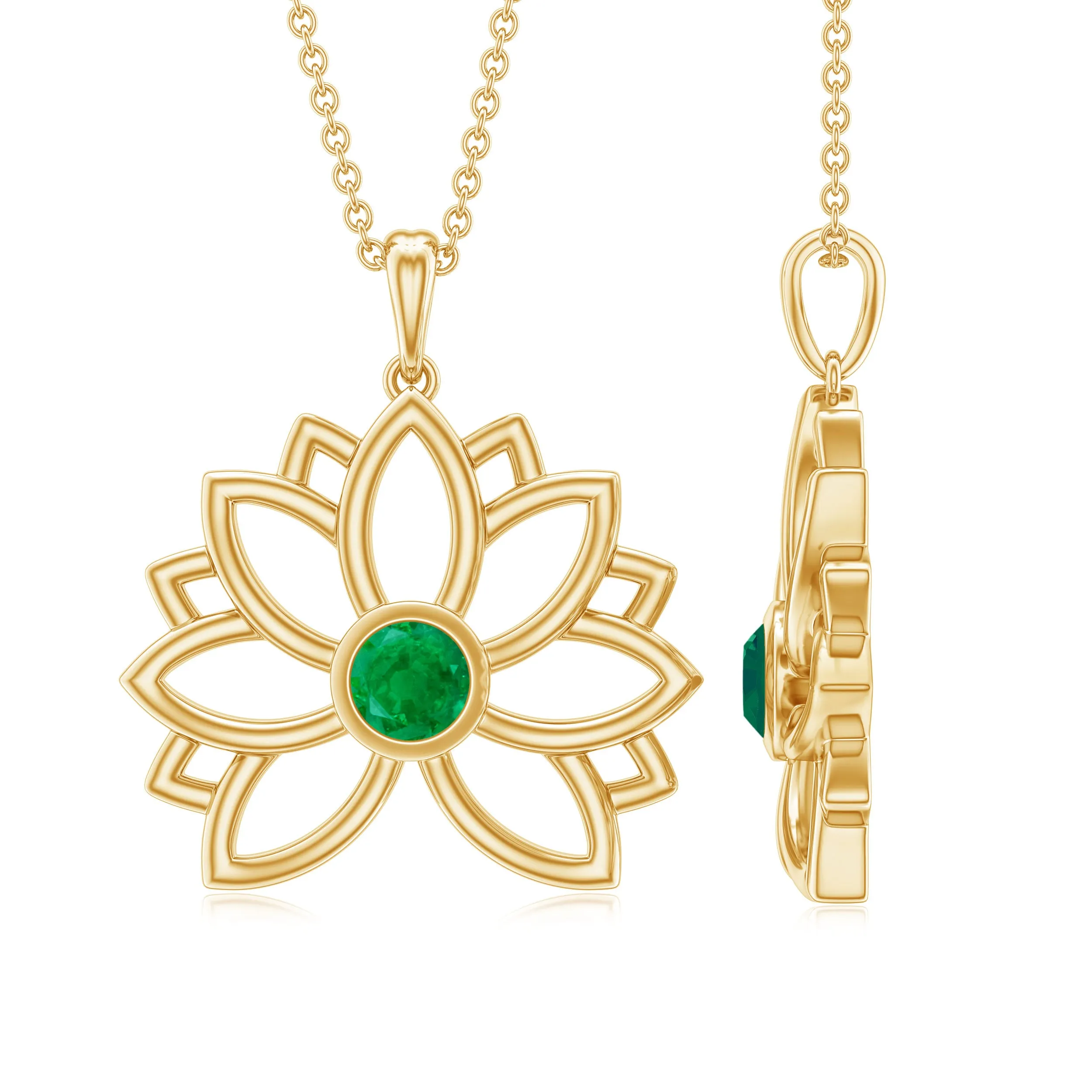 Gold Lotus Solitaire Emerald Pendant Necklace For Women