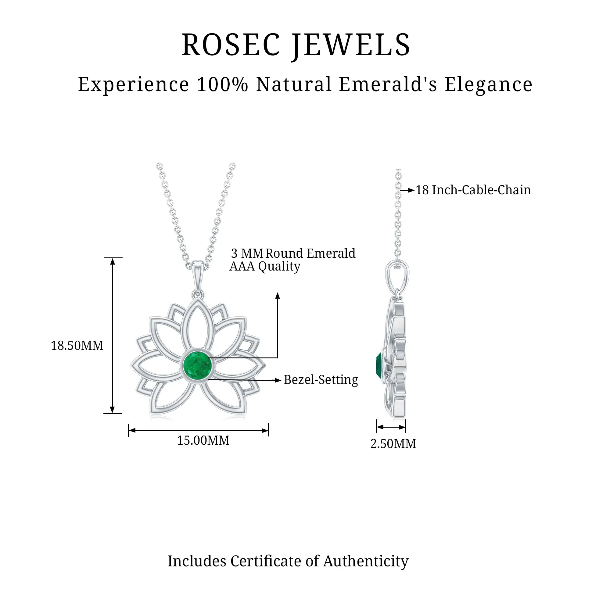 Gold Lotus Solitaire Emerald Pendant Necklace For Women