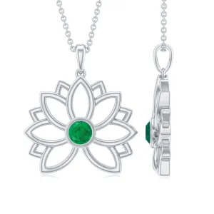 Gold Lotus Solitaire Emerald Pendant Necklace For Women
