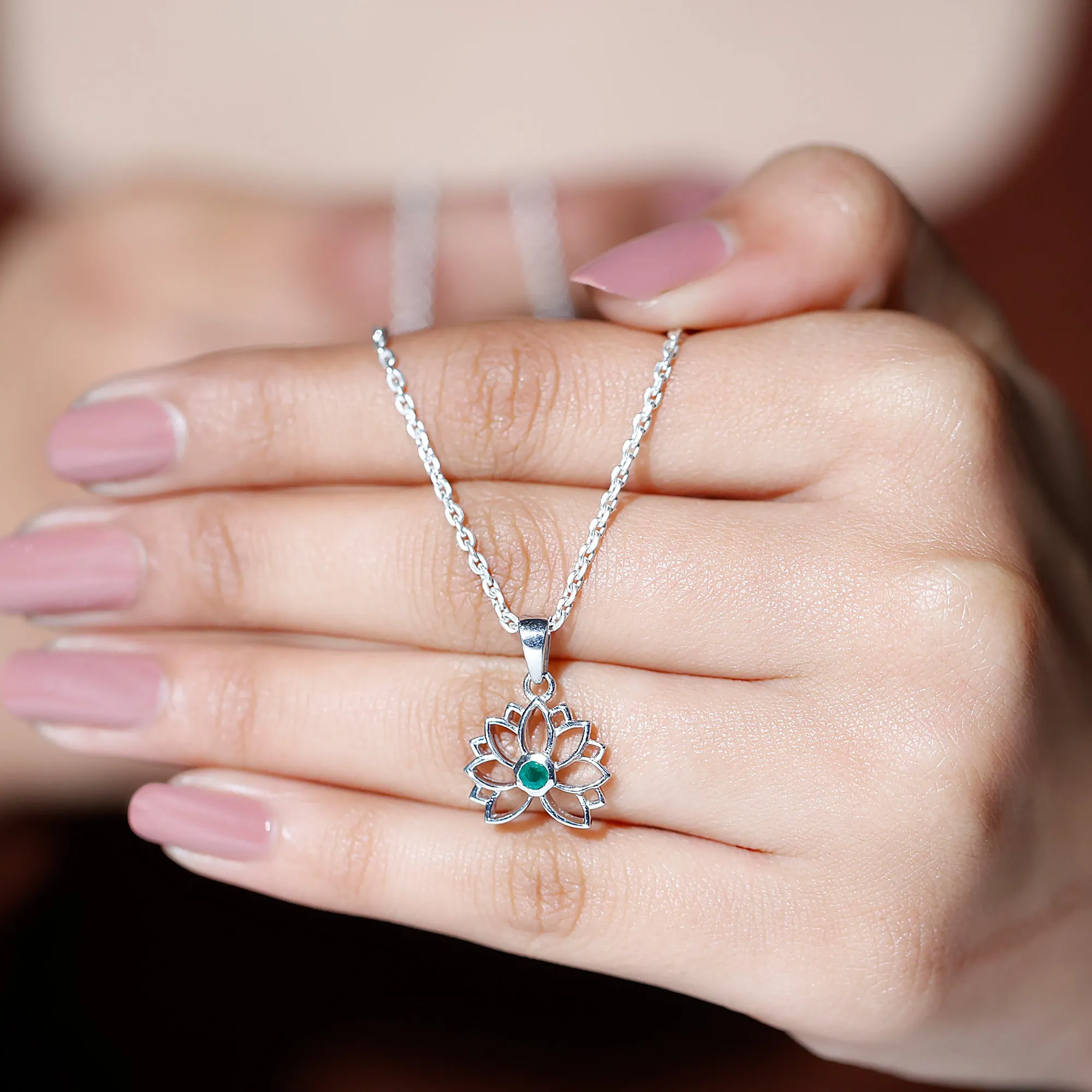 Gold Lotus Solitaire Emerald Pendant Necklace For Women