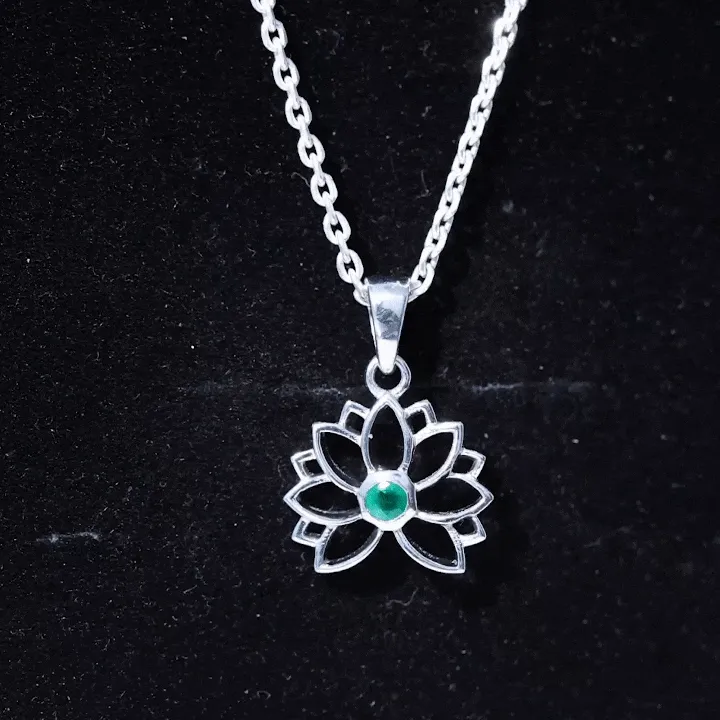 Gold Lotus Solitaire Emerald Pendant Necklace For Women