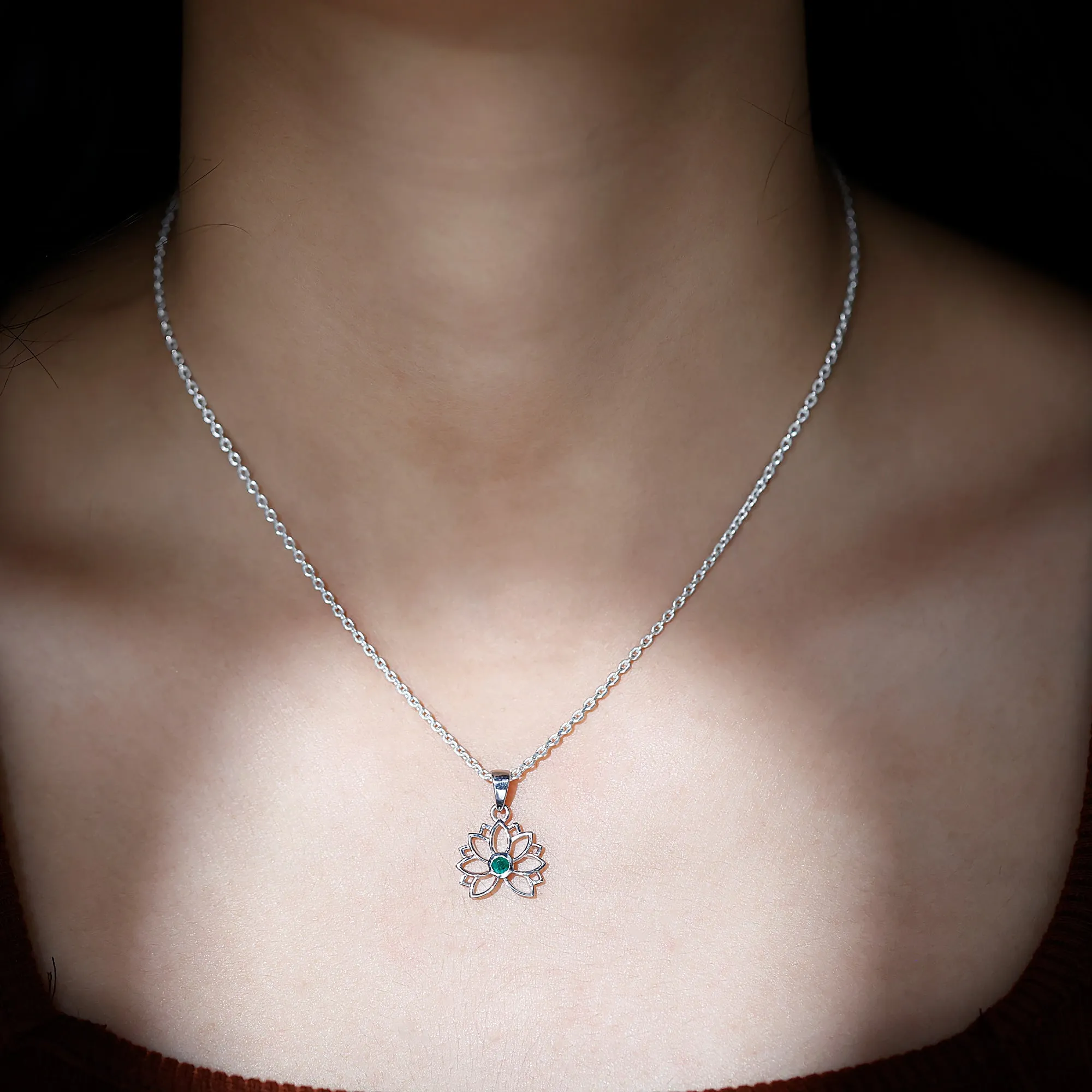 Gold Lotus Solitaire Emerald Pendant Necklace For Women