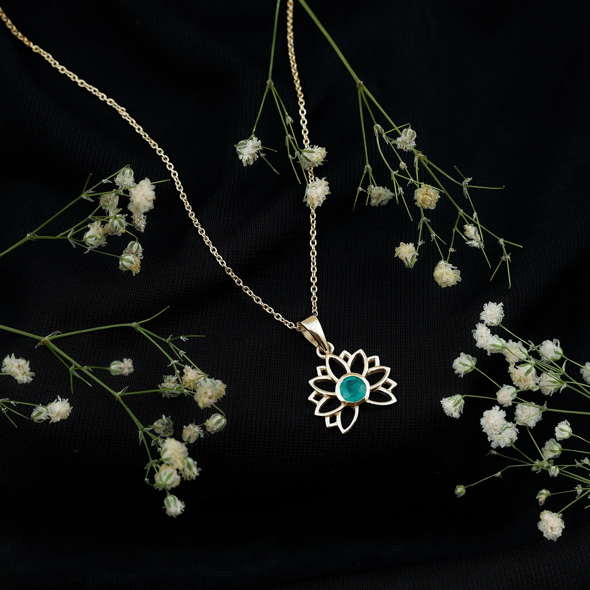 Gold Lotus Solitaire Emerald Pendant Necklace For Women