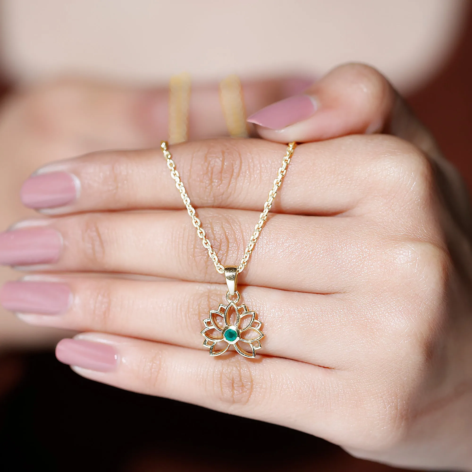 Gold Lotus Solitaire Emerald Pendant Necklace For Women