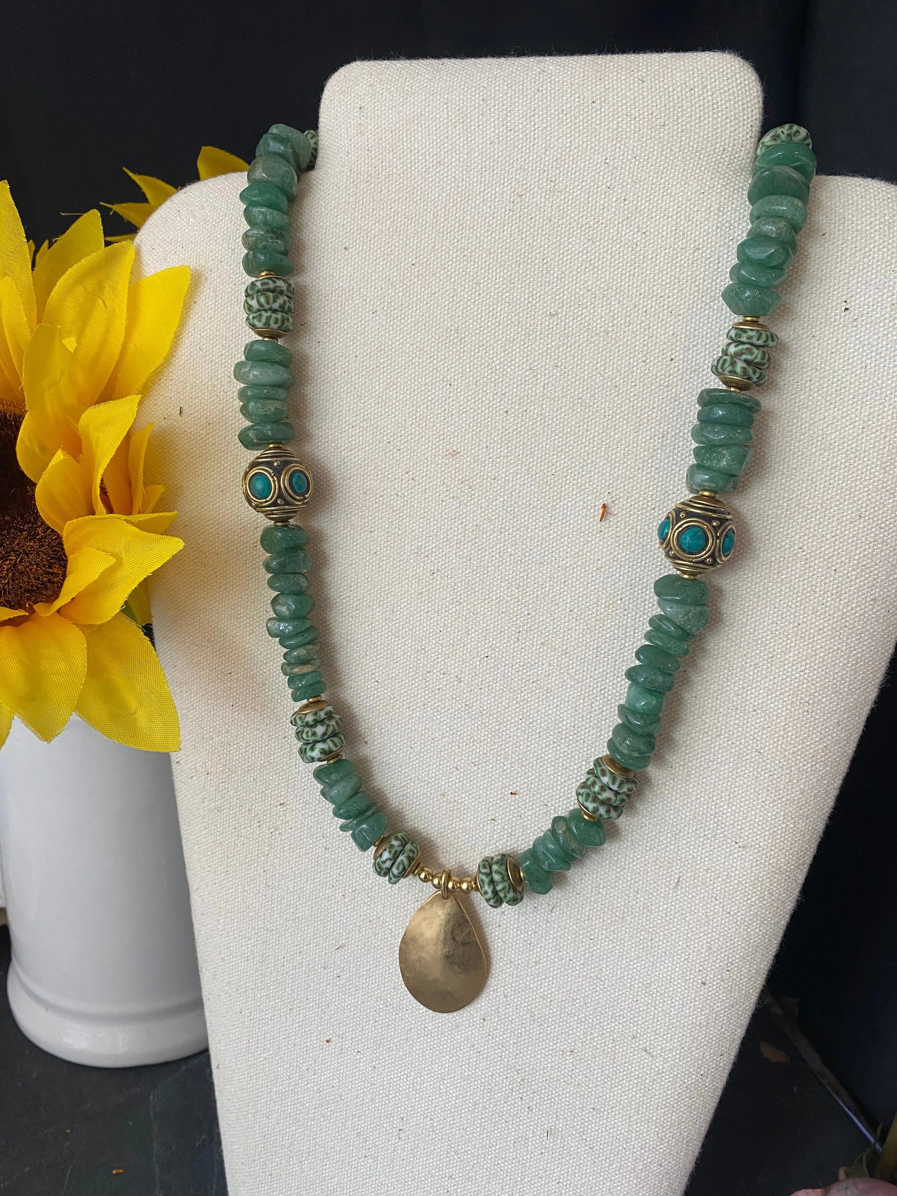 Green Aventurine Disk Beads,  Earth Green Fused Rondelle Recycled Glass Beads, Nepal beads, brass metal, necklace