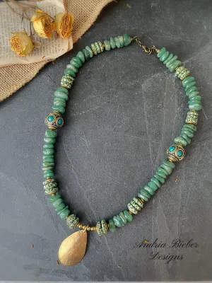 Green Aventurine Disk Beads,  Earth Green Fused Rondelle Recycled Glass Beads, Nepal beads, brass metal, necklace