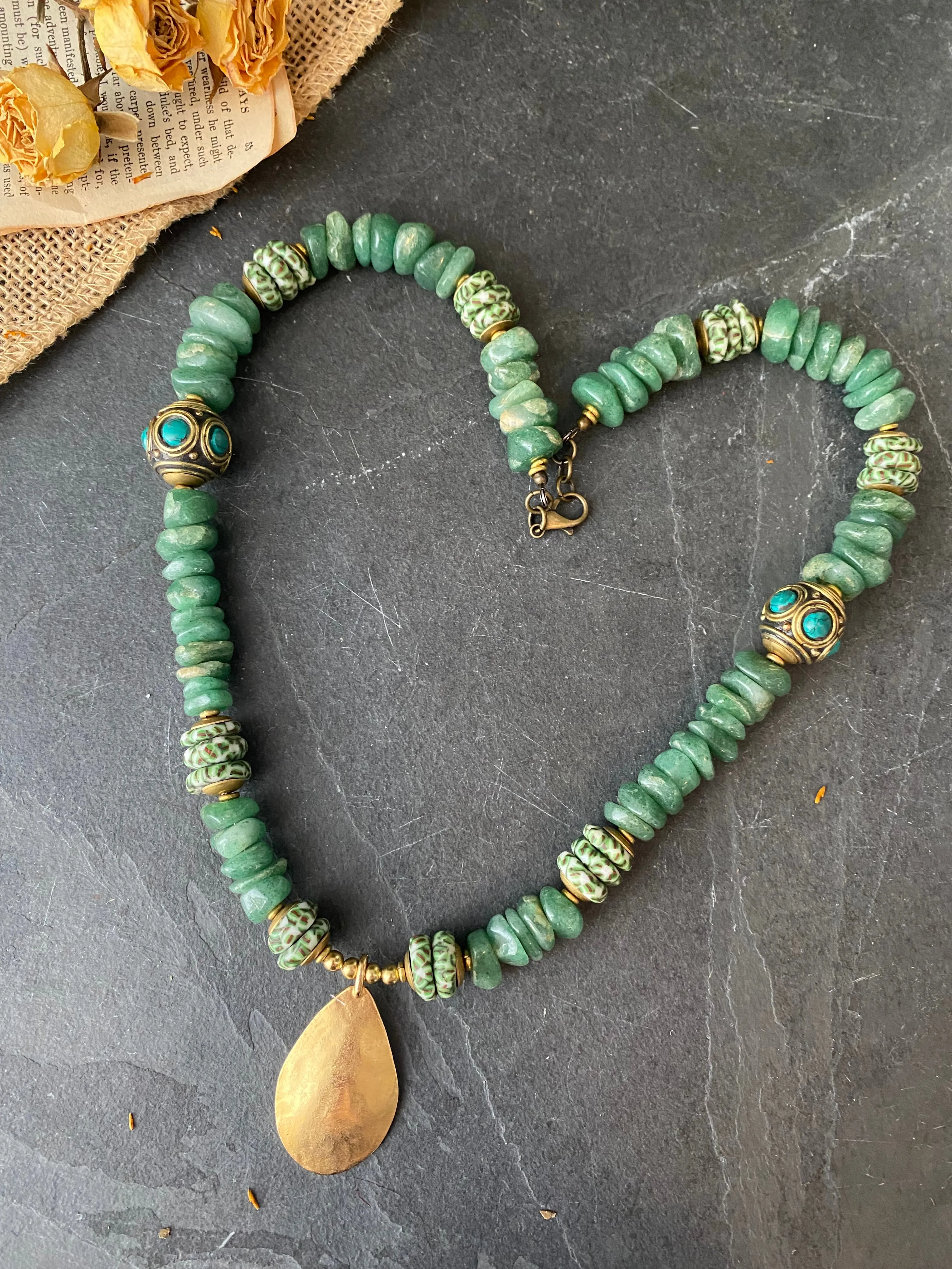 Green Aventurine Disk Beads,  Earth Green Fused Rondelle Recycled Glass Beads, Nepal beads, brass metal, necklace