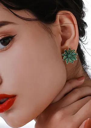 Green Daisy Floral Stud Earrings