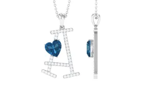 Heart Initial A Pendant with London Blue Topaz and Diamond